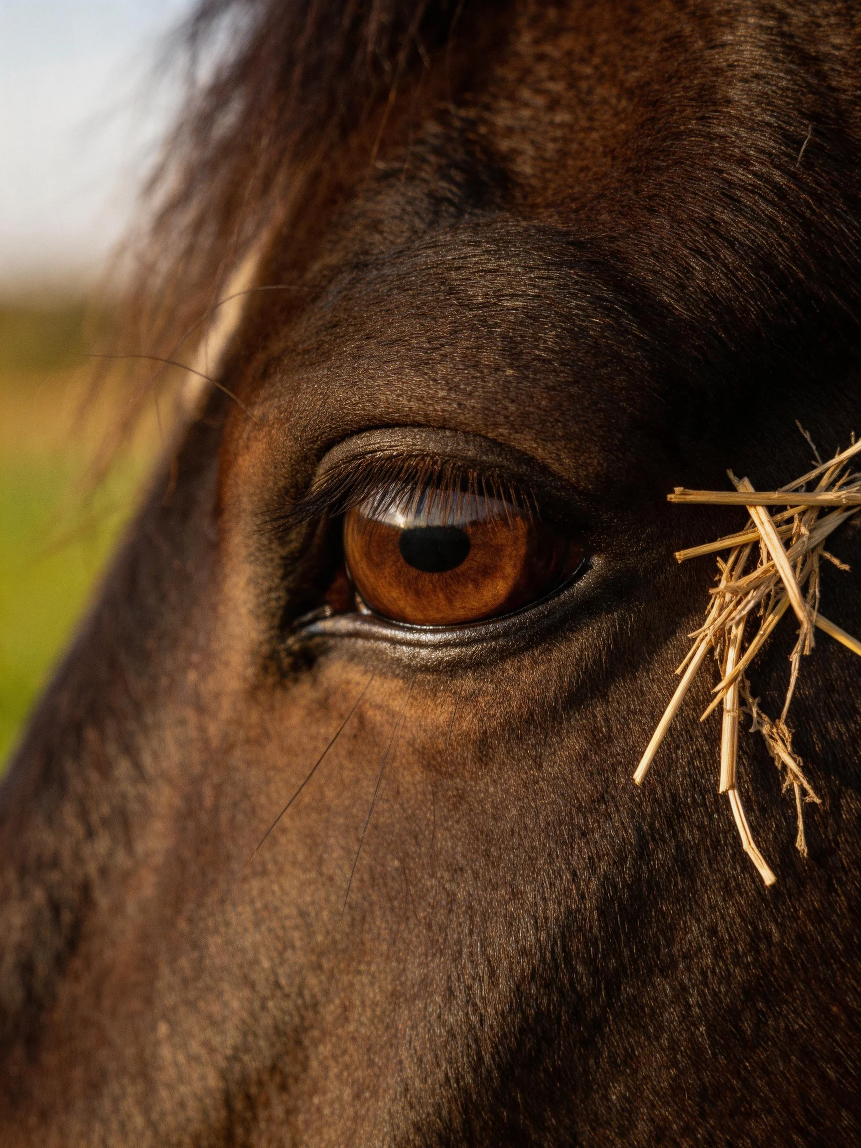 Close-up of a dark brown horse’s eye with hay by its face