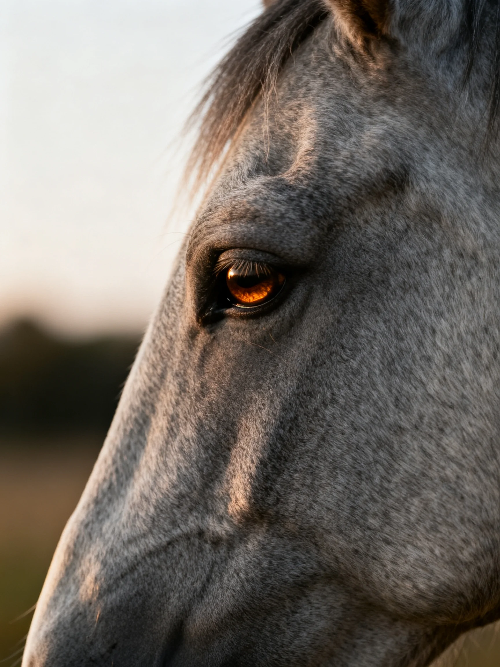 Close-up of a gray horse with amber - colored eye