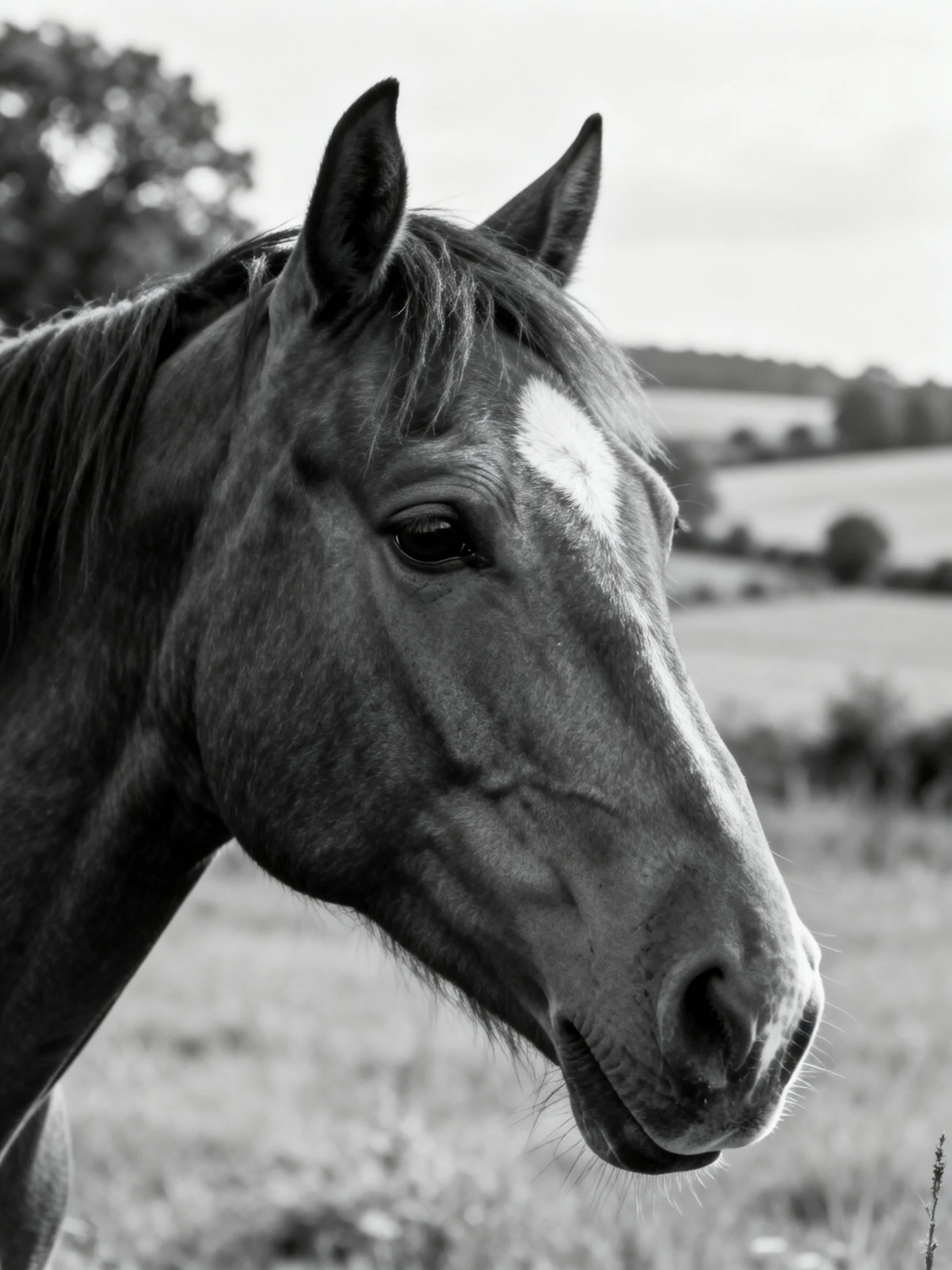 A black and white close-up of a horse with a facial marking