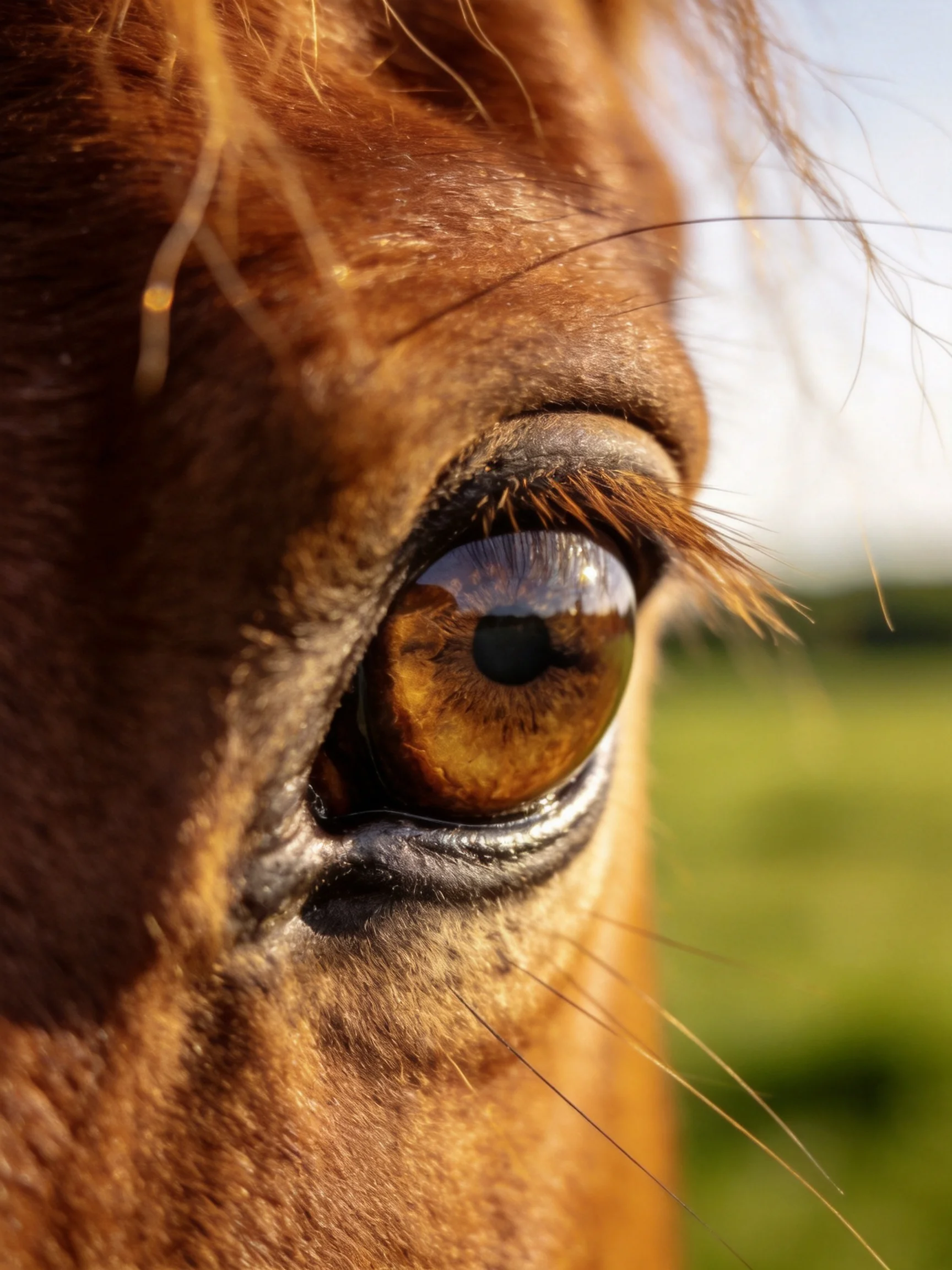 Close-up of a horse’s amber eye with textured brown coat