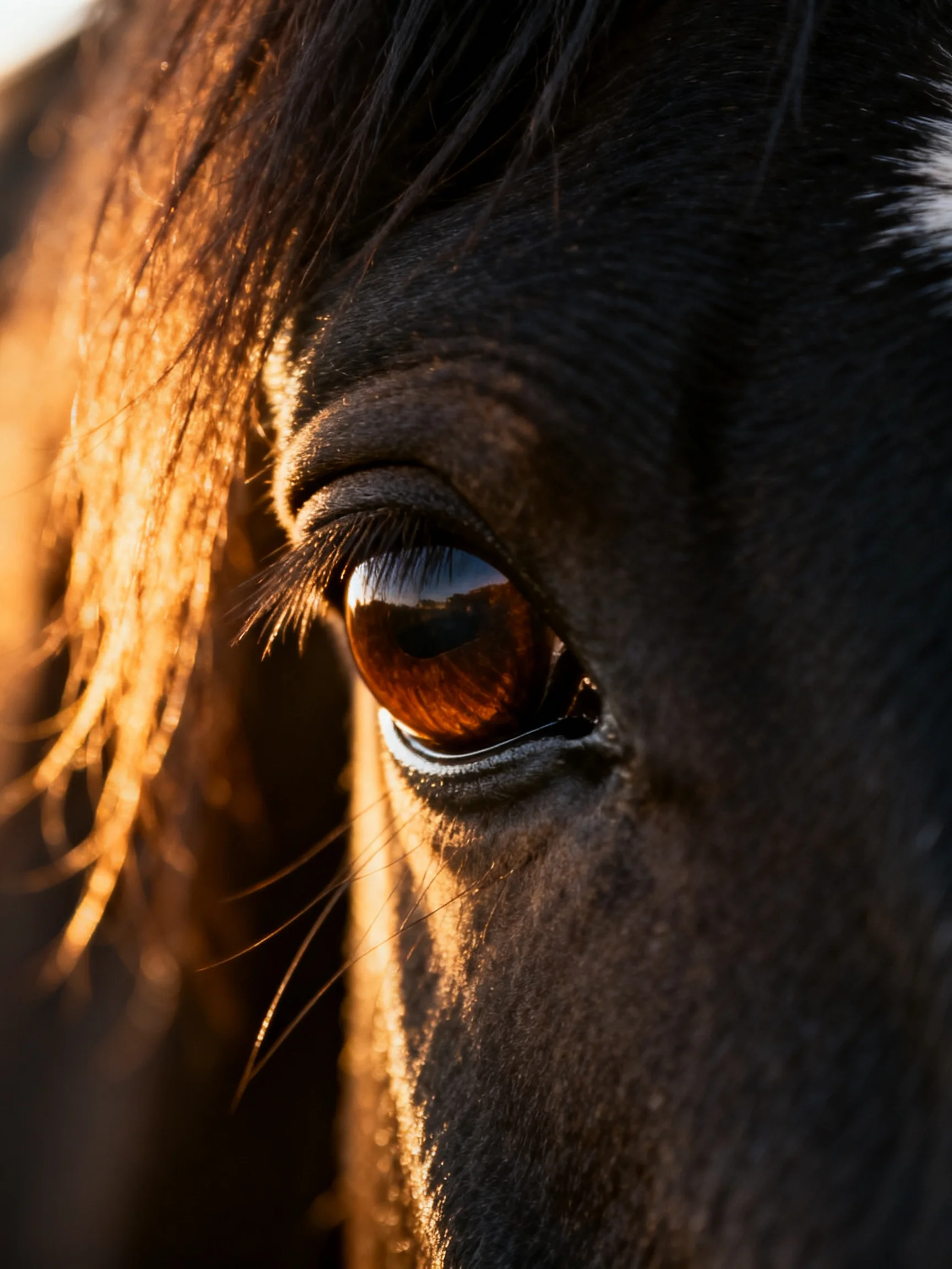 Close-up of a horse’s dark coat and amber eye with golden lighting