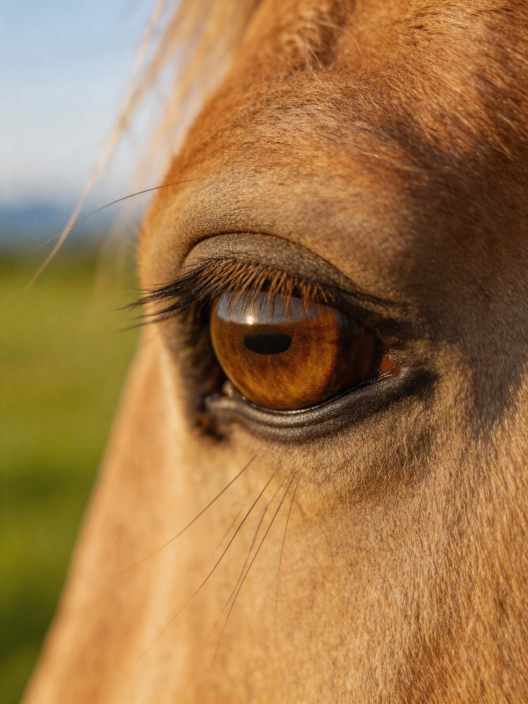 Close-up of a horses amber-brown eye with textured fur and natural lighting.