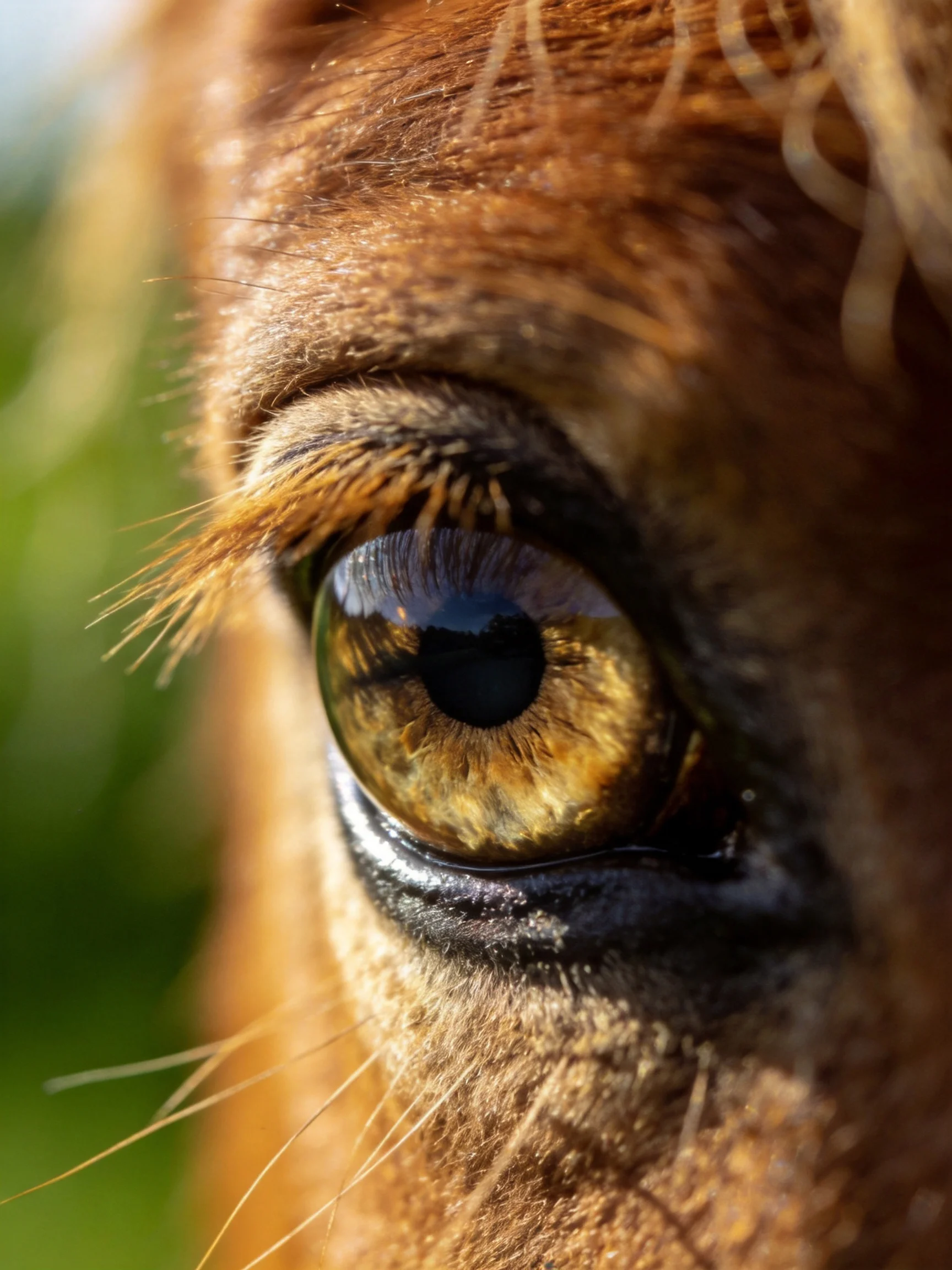 Close-up of a horses amber eye with detailed fur textures