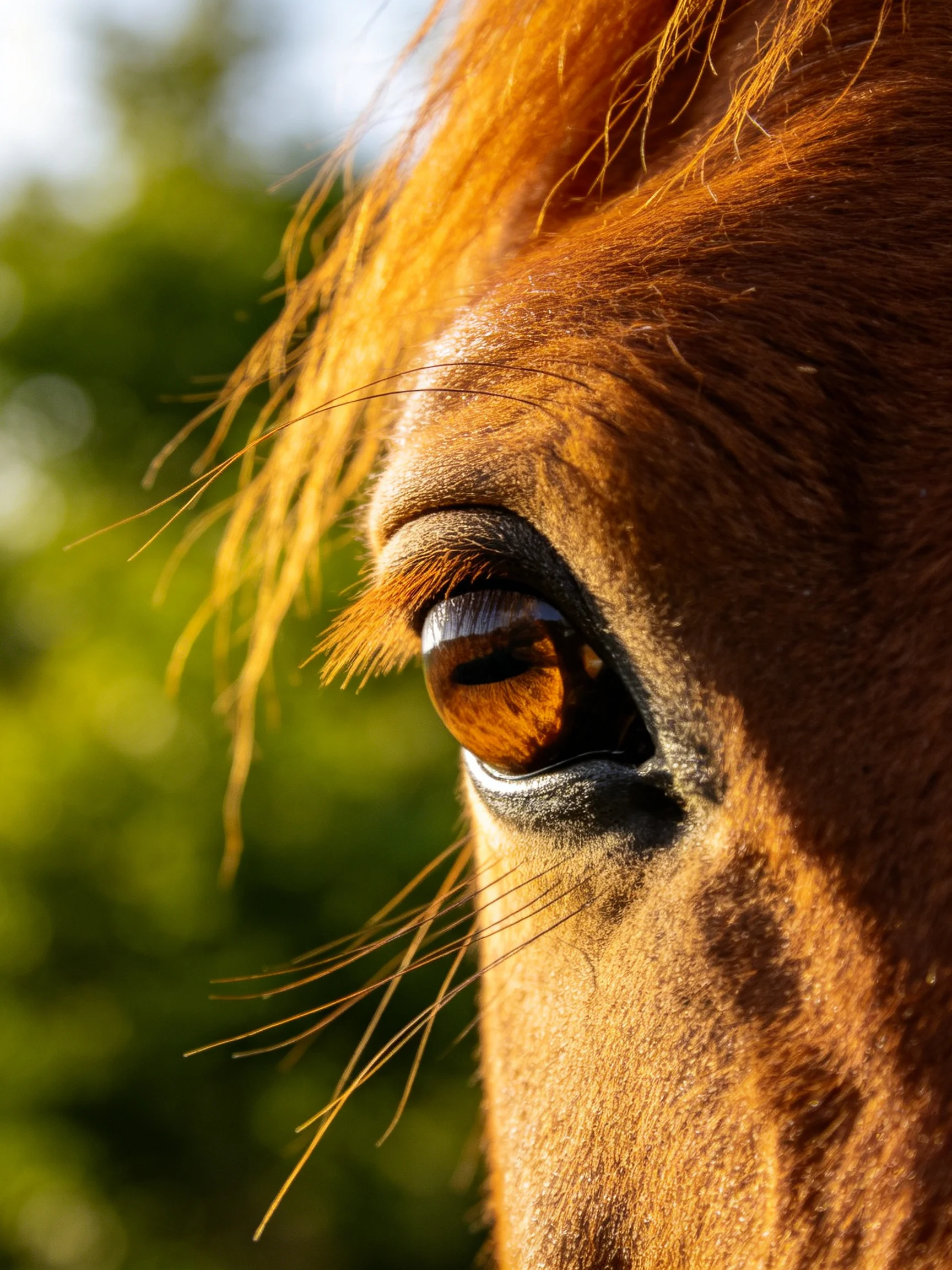 Close-up of a horses amber eye with golden mane and green backdrop