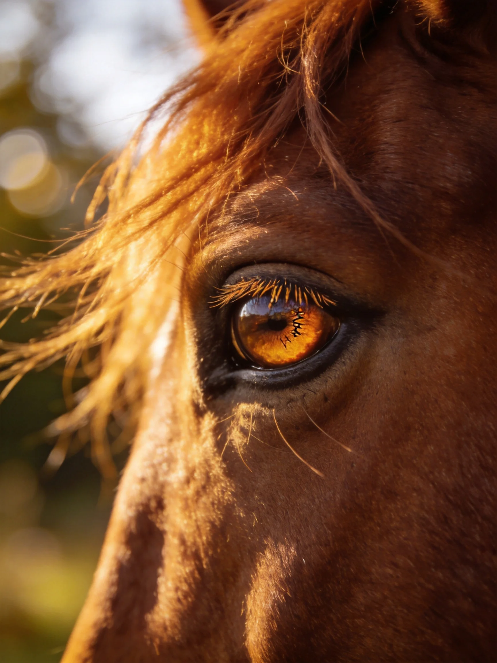 Close-up of a horses amber eye with golden mane strands