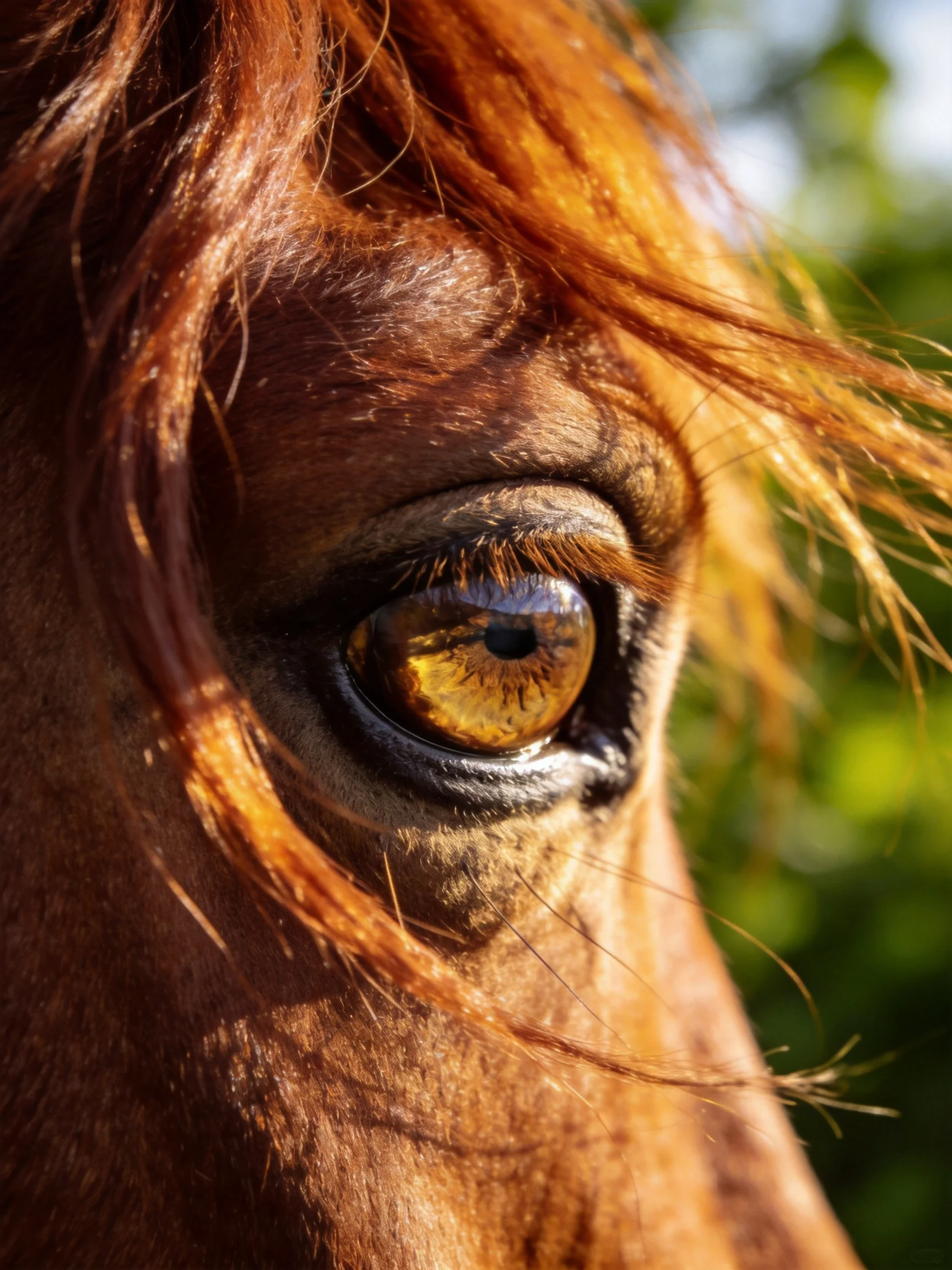 Close-up of a horses amber eye with reddish-brown fur
