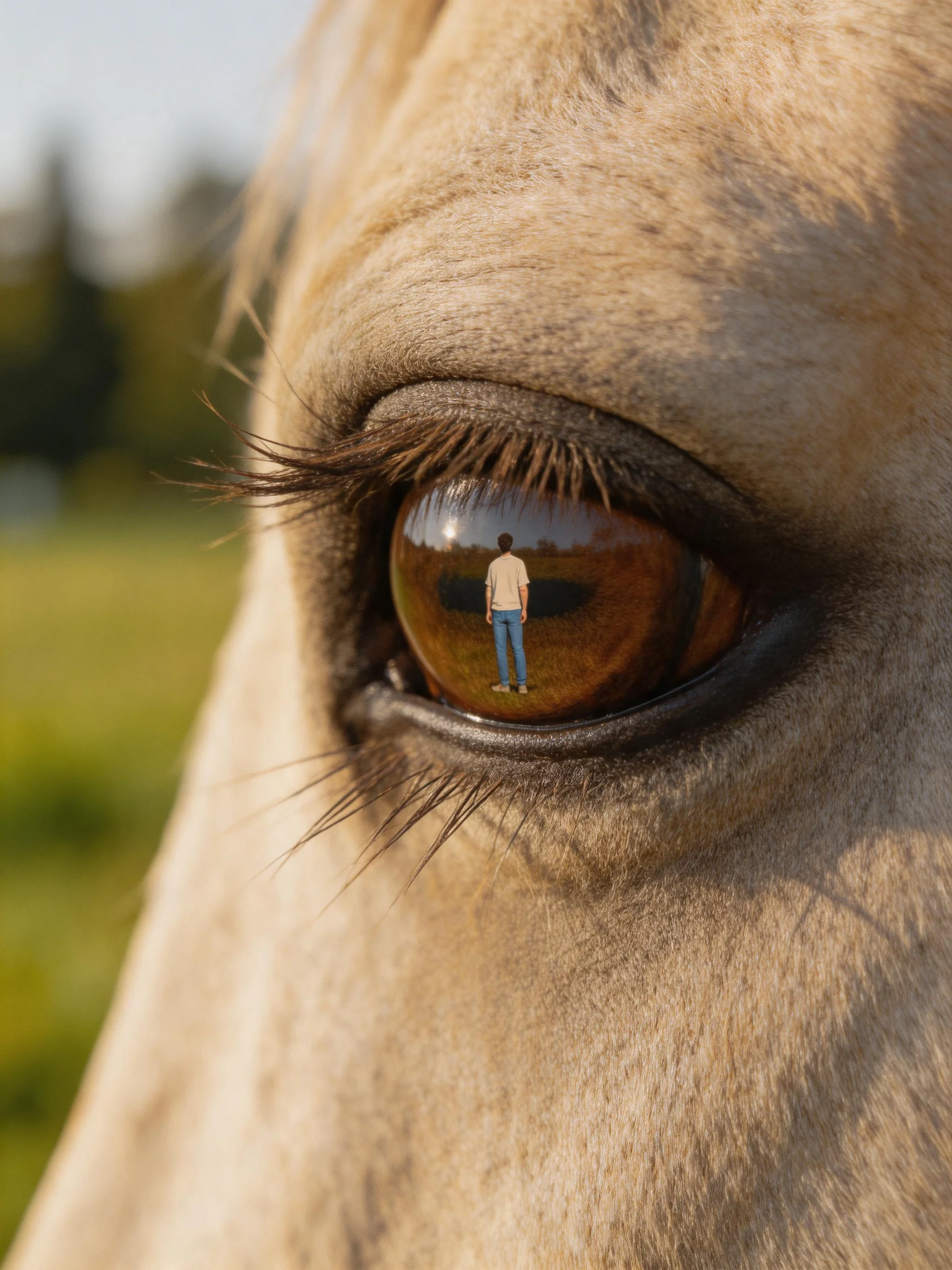Close-up of a horses eye reflecting a person in a sunny field