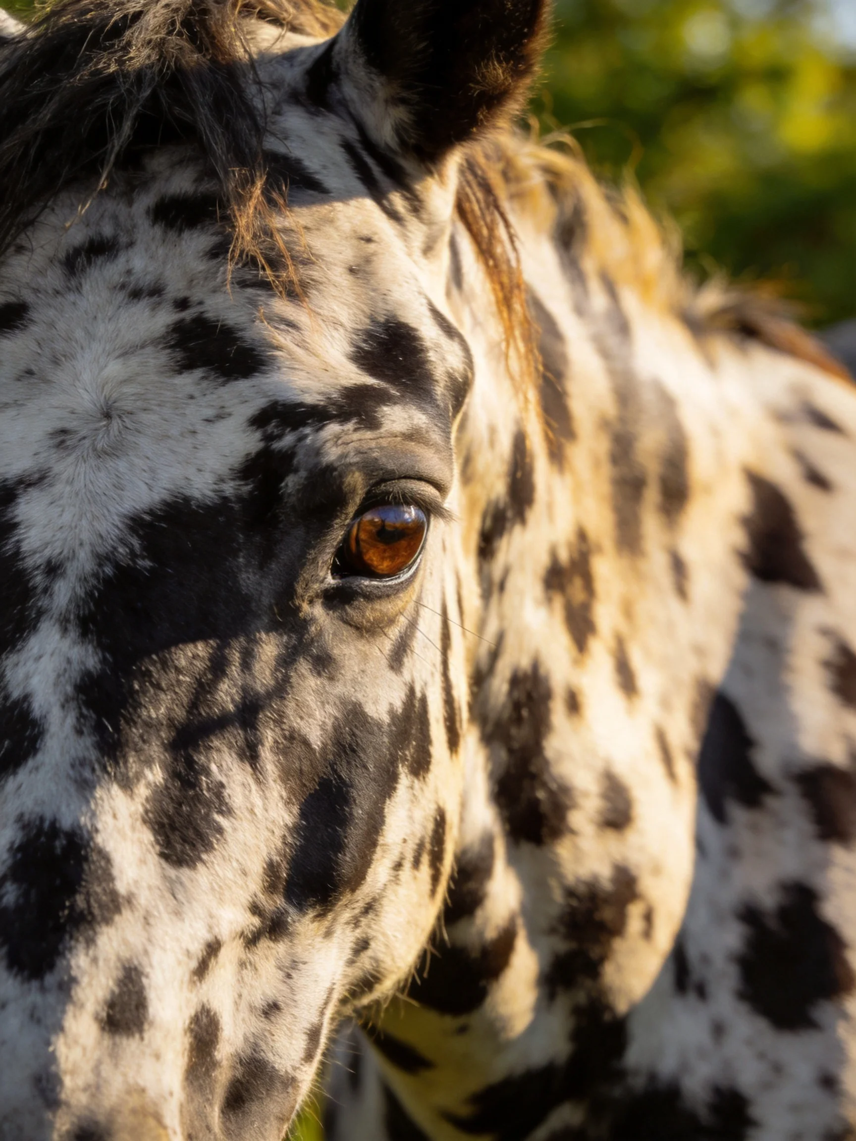 Close-up of a spotted horse with black and white markings
