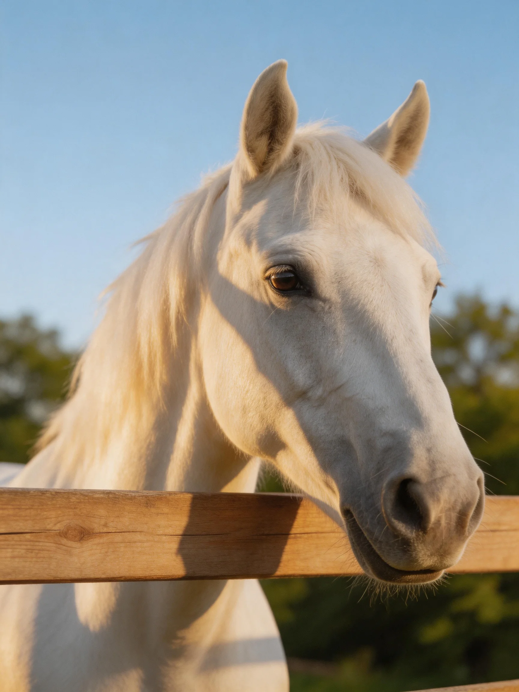 Close-up of a white horse behind a wooden fence under clear blue sky
