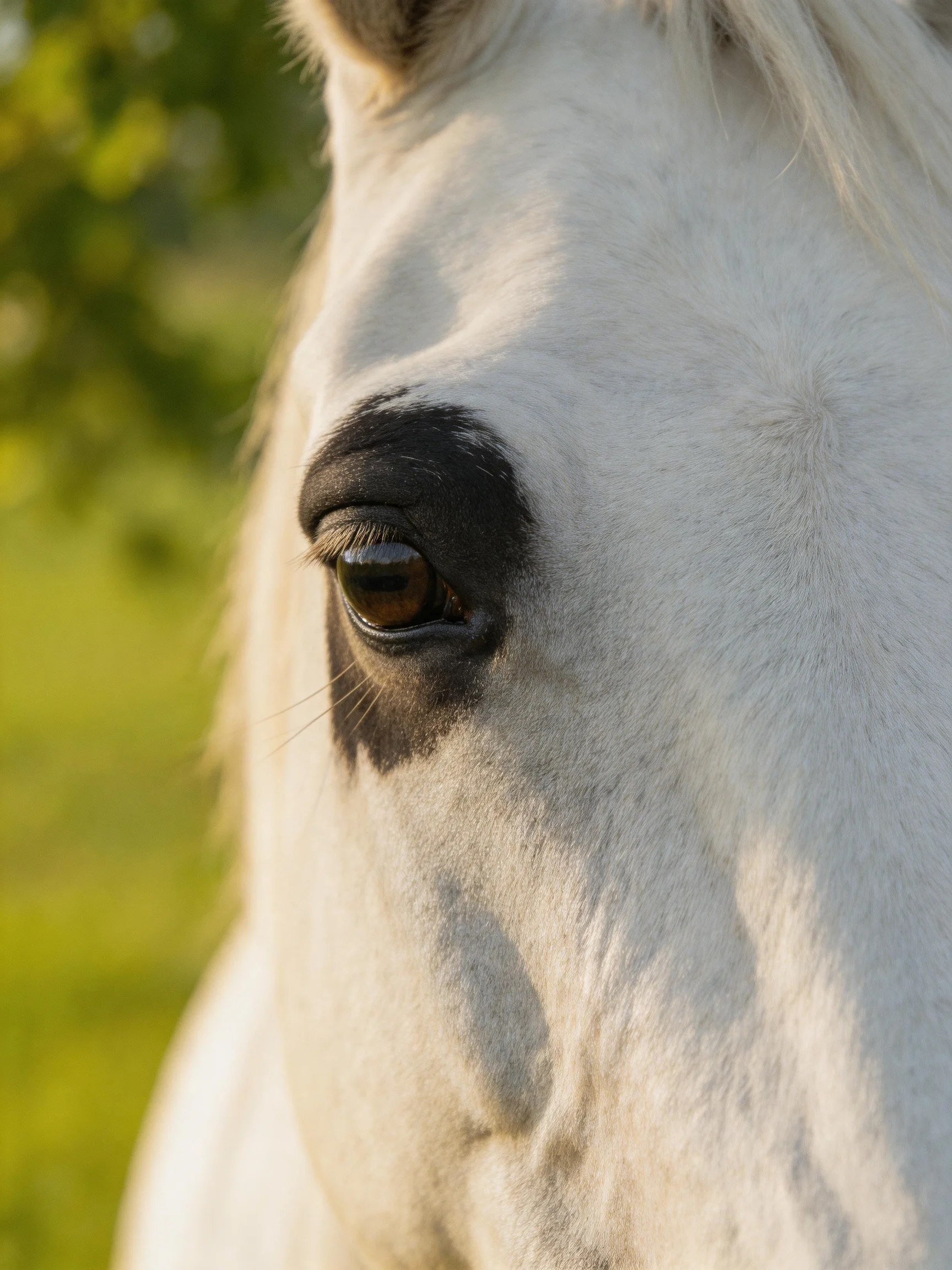 A close-up shows a white horse’s face with a dark eye patch against a green background.