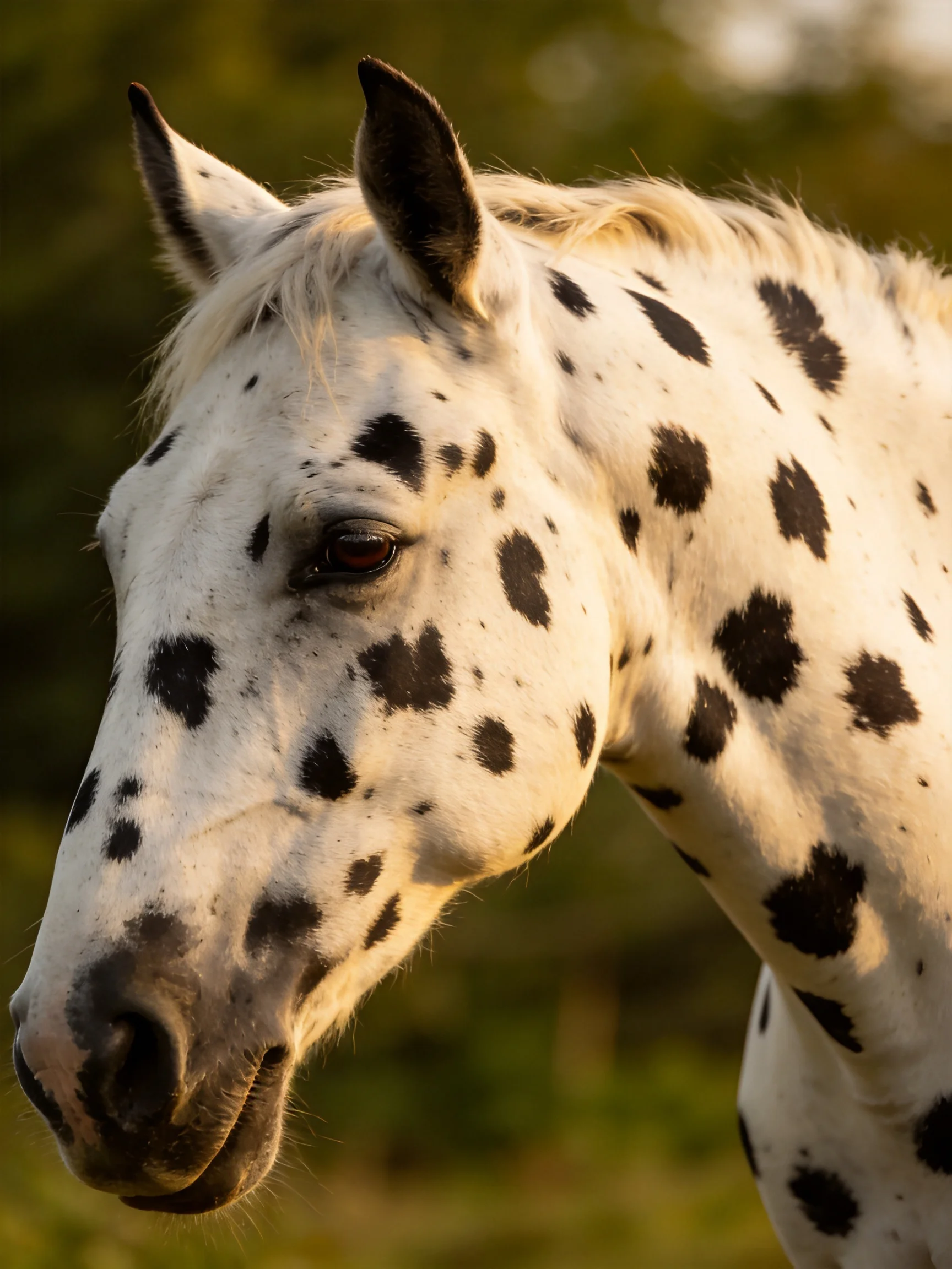 Close-up of a white horse withbold black spots