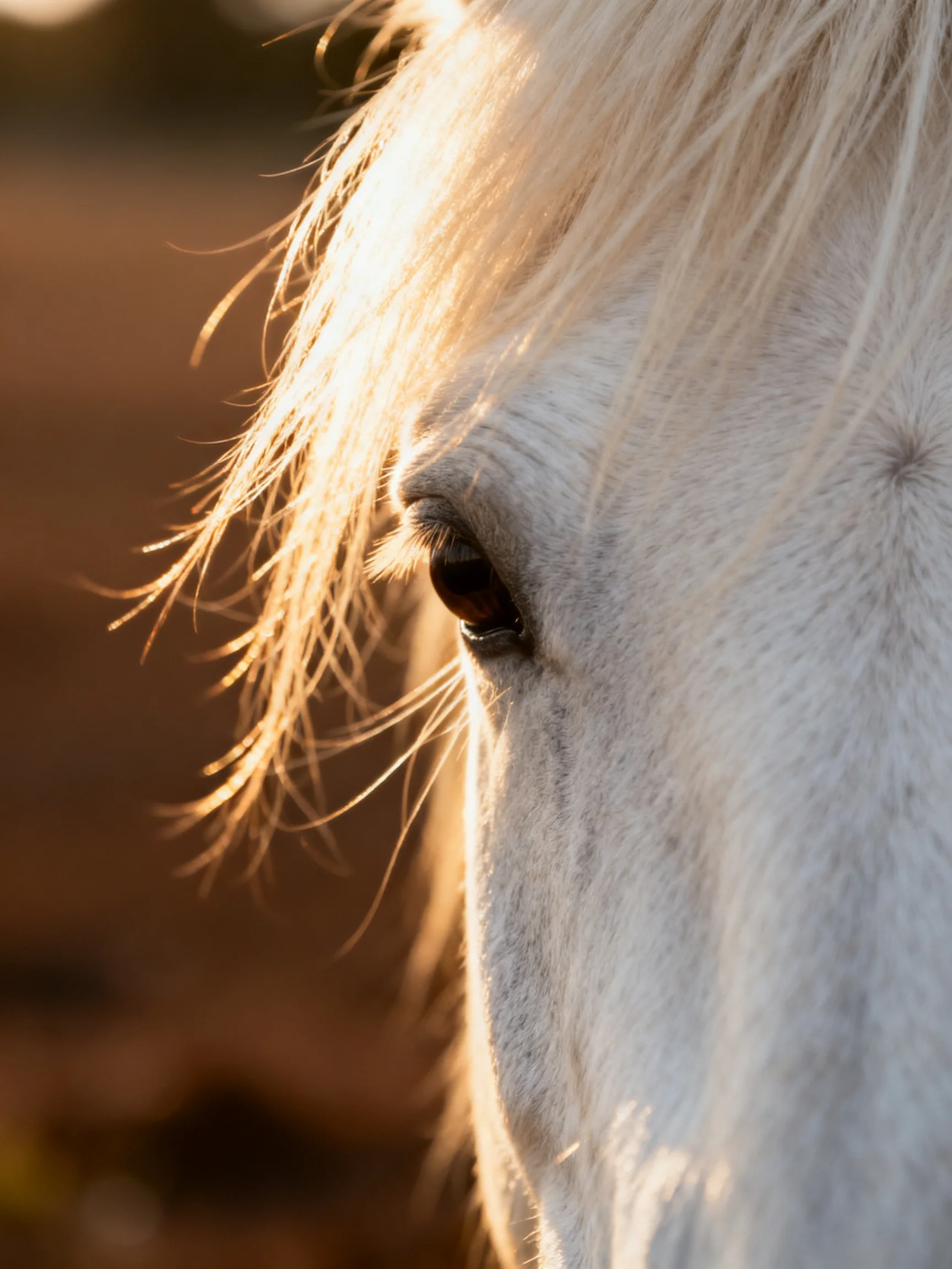 Close-up of a white horses eye with golden sunlight highlighting its mane