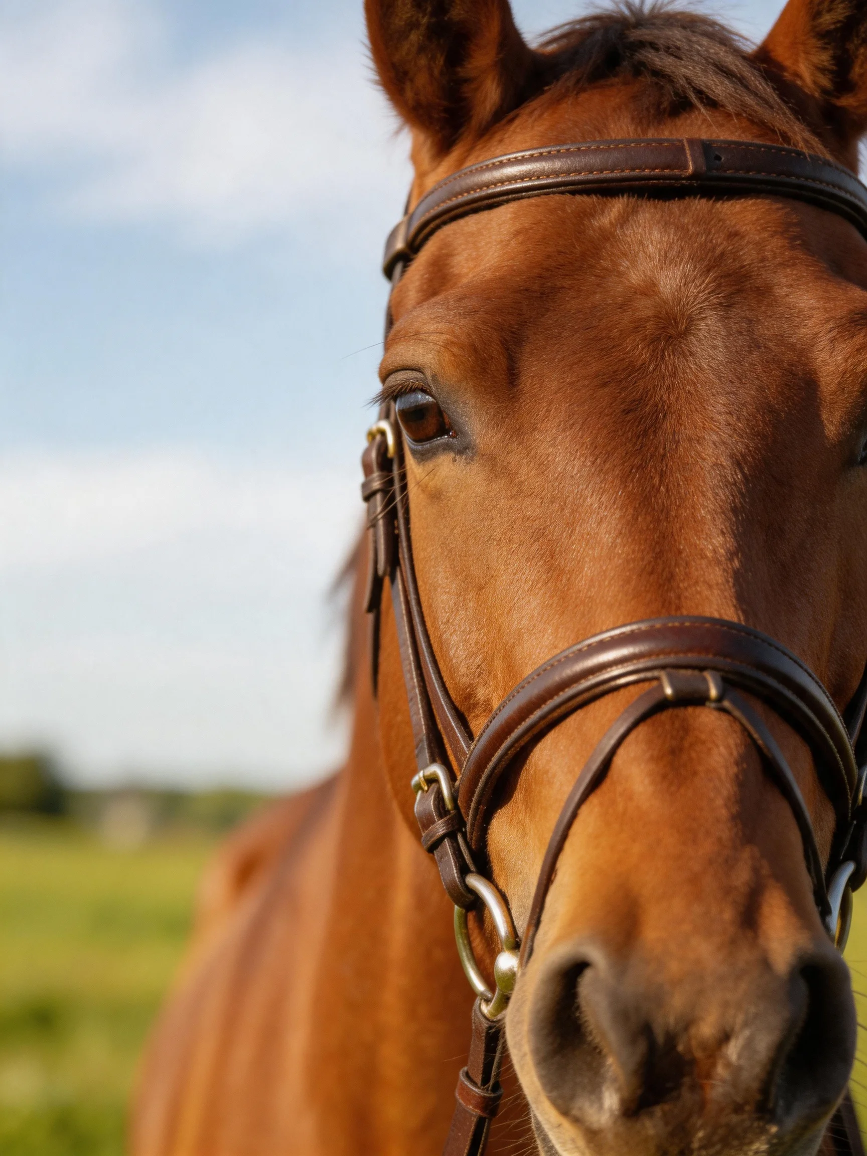 Close-up ofa chestnut horse with a brown bridle