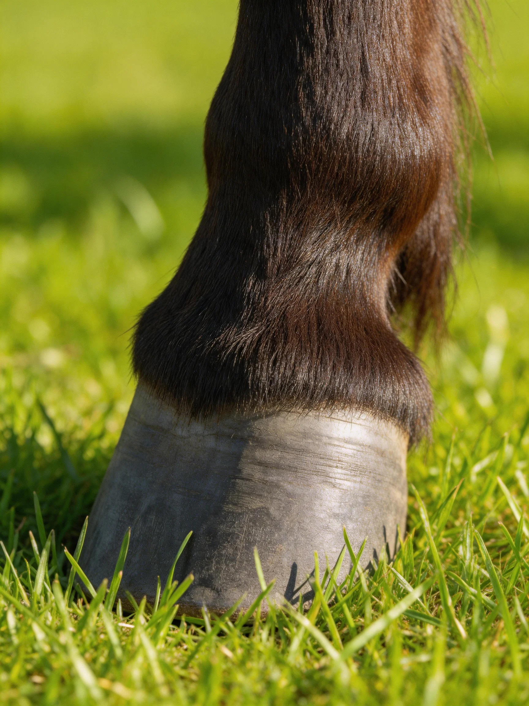 Close-up view of a horse’s dark brown hoof and lush green grass