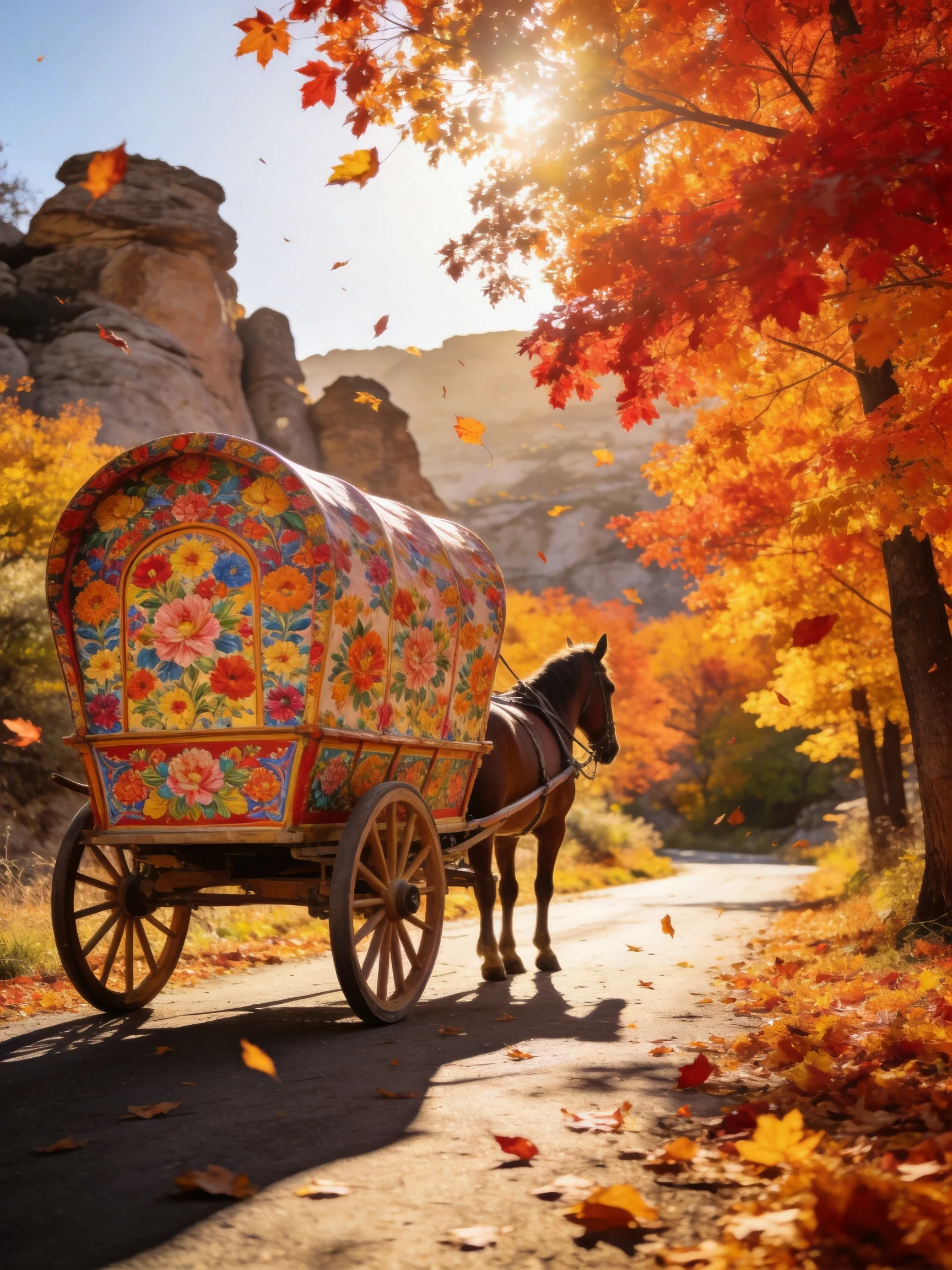 Colorful Floral Wagon Travels Along Autumnal Road Near Rock Formations
