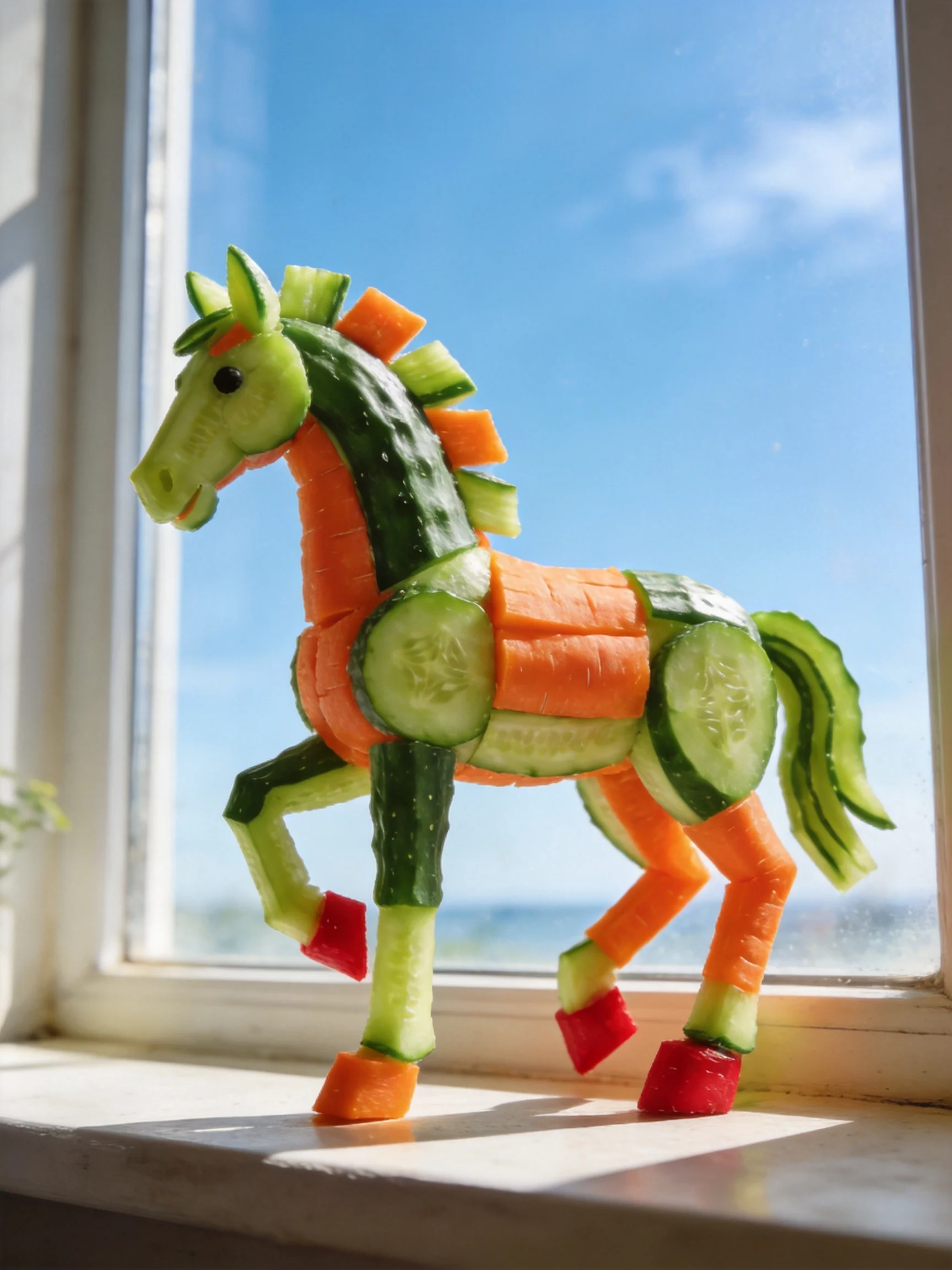 Colorful vegetable sculpture of a horse with cucumbers, carrots, and radishes