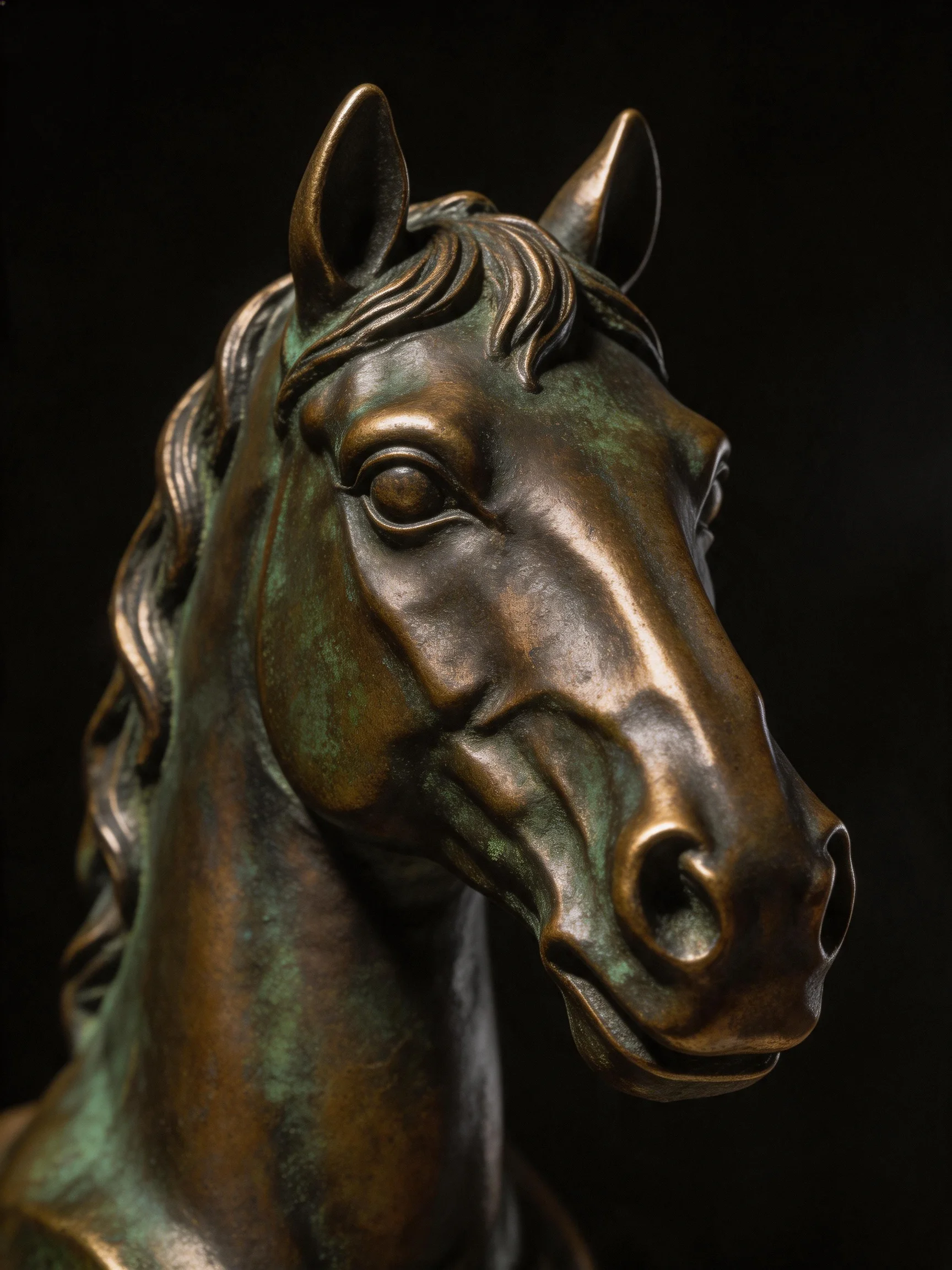 Detailed Bronze Horse Head Sculpture with Verdigris Patina