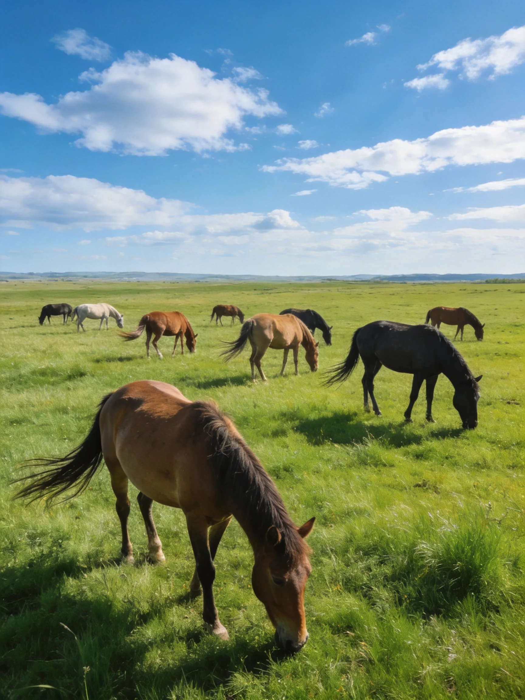 Eight horses graze in a lush green meadow under bright blue skies