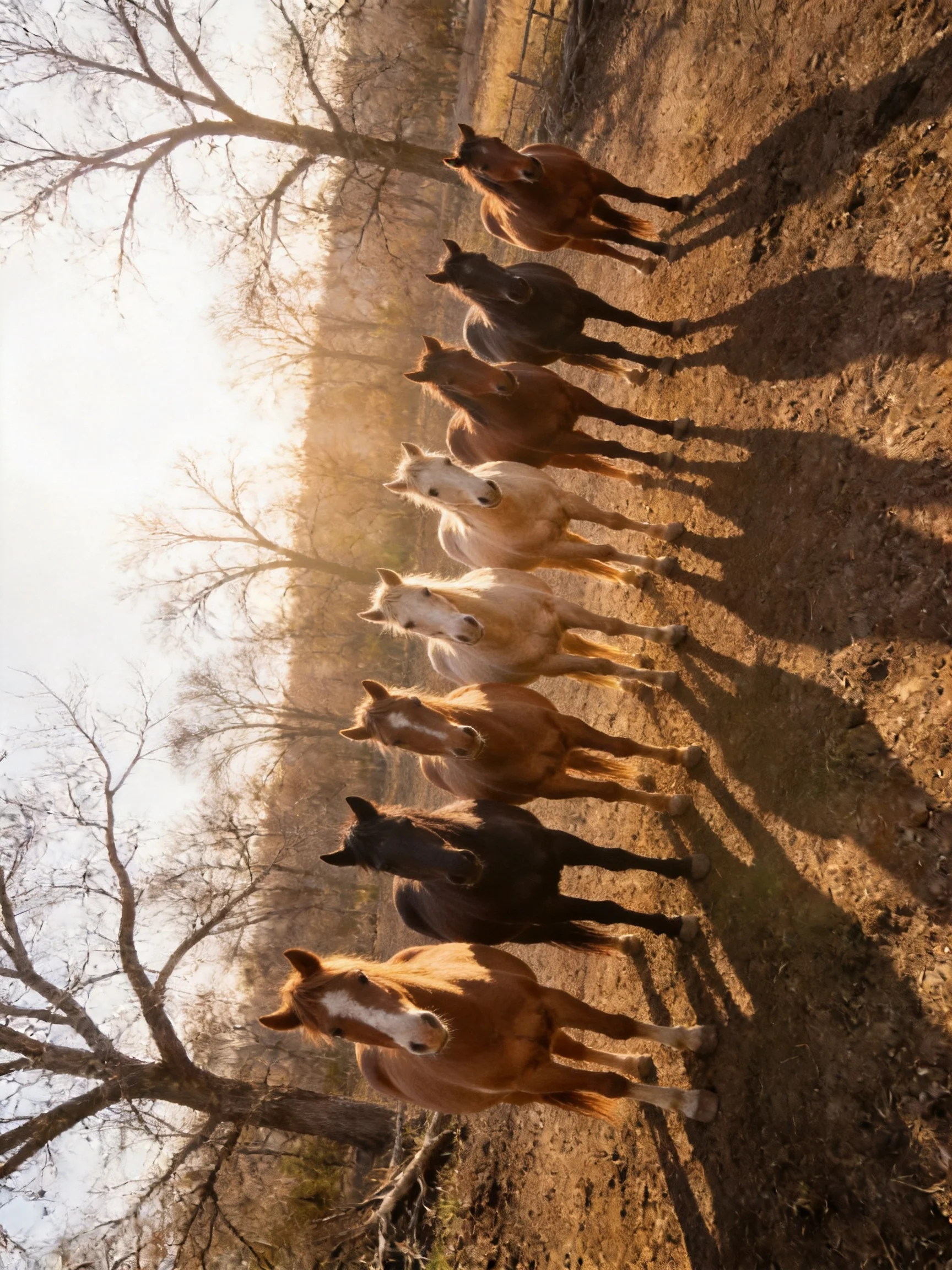 Eight horses of diverse colors stand in a row on a sunlit dirt path near