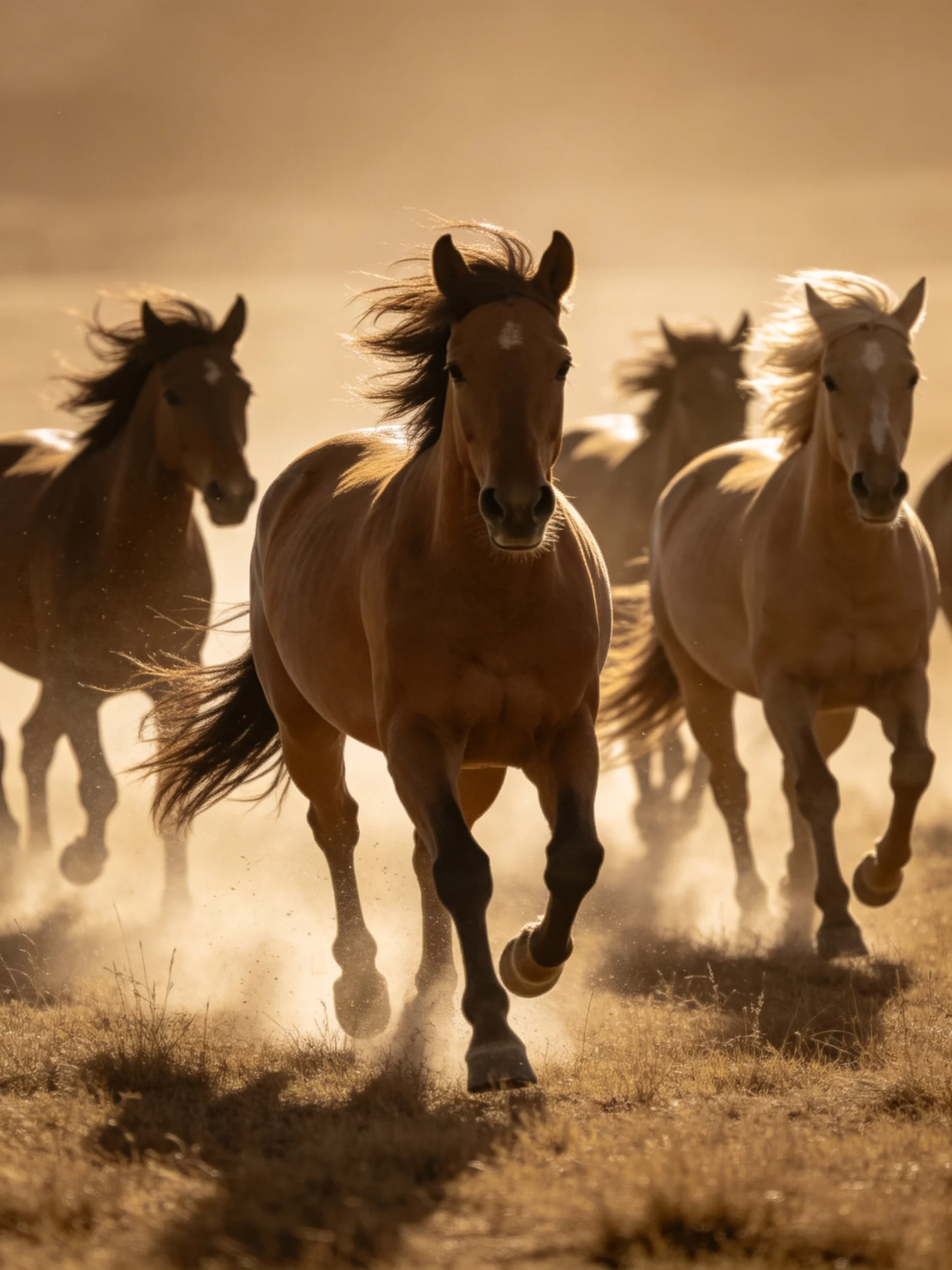 Five brown horses gallop through a dusty golden field
