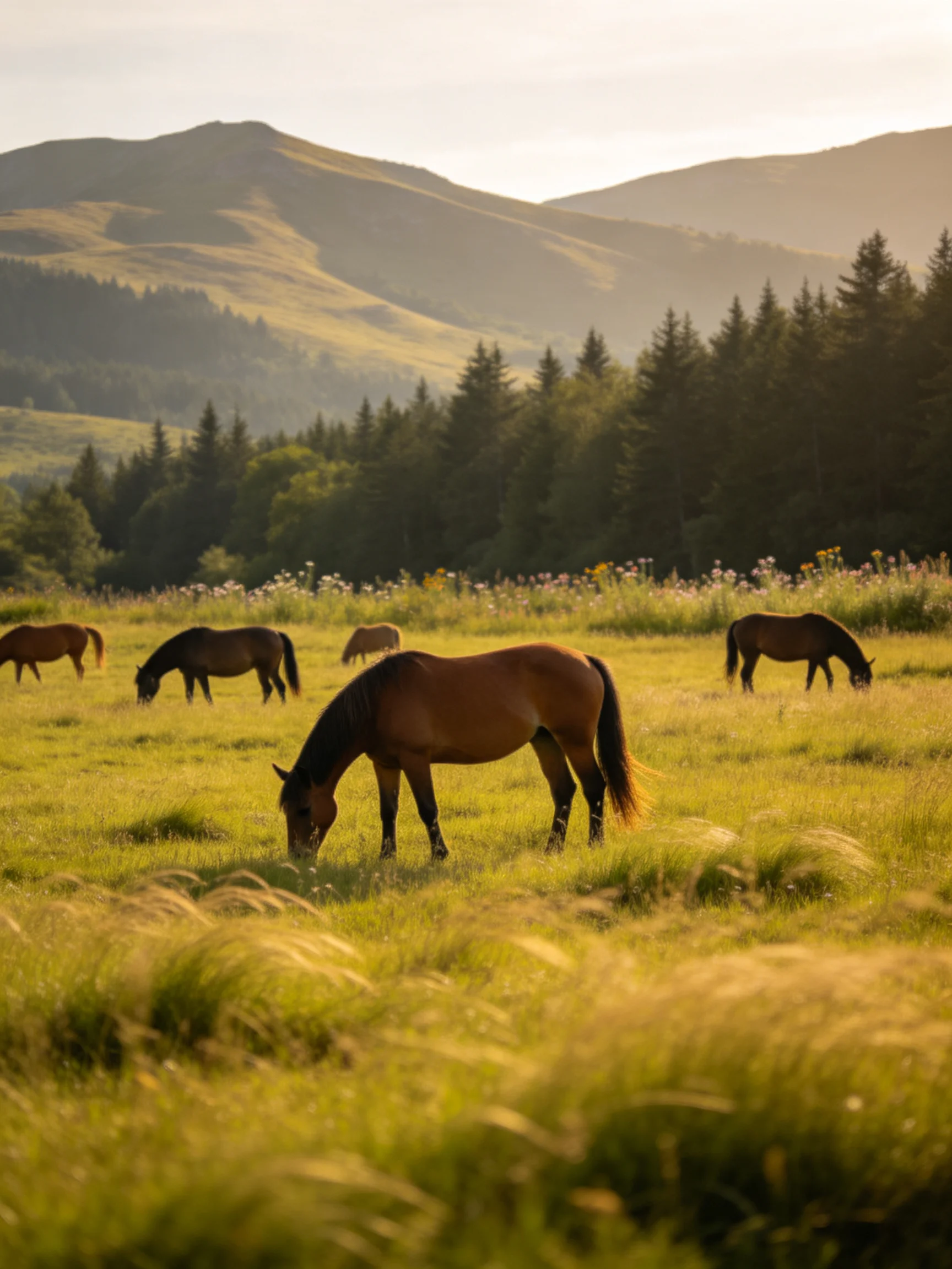 Five brown horses graze in a golden meadow near forested hills
