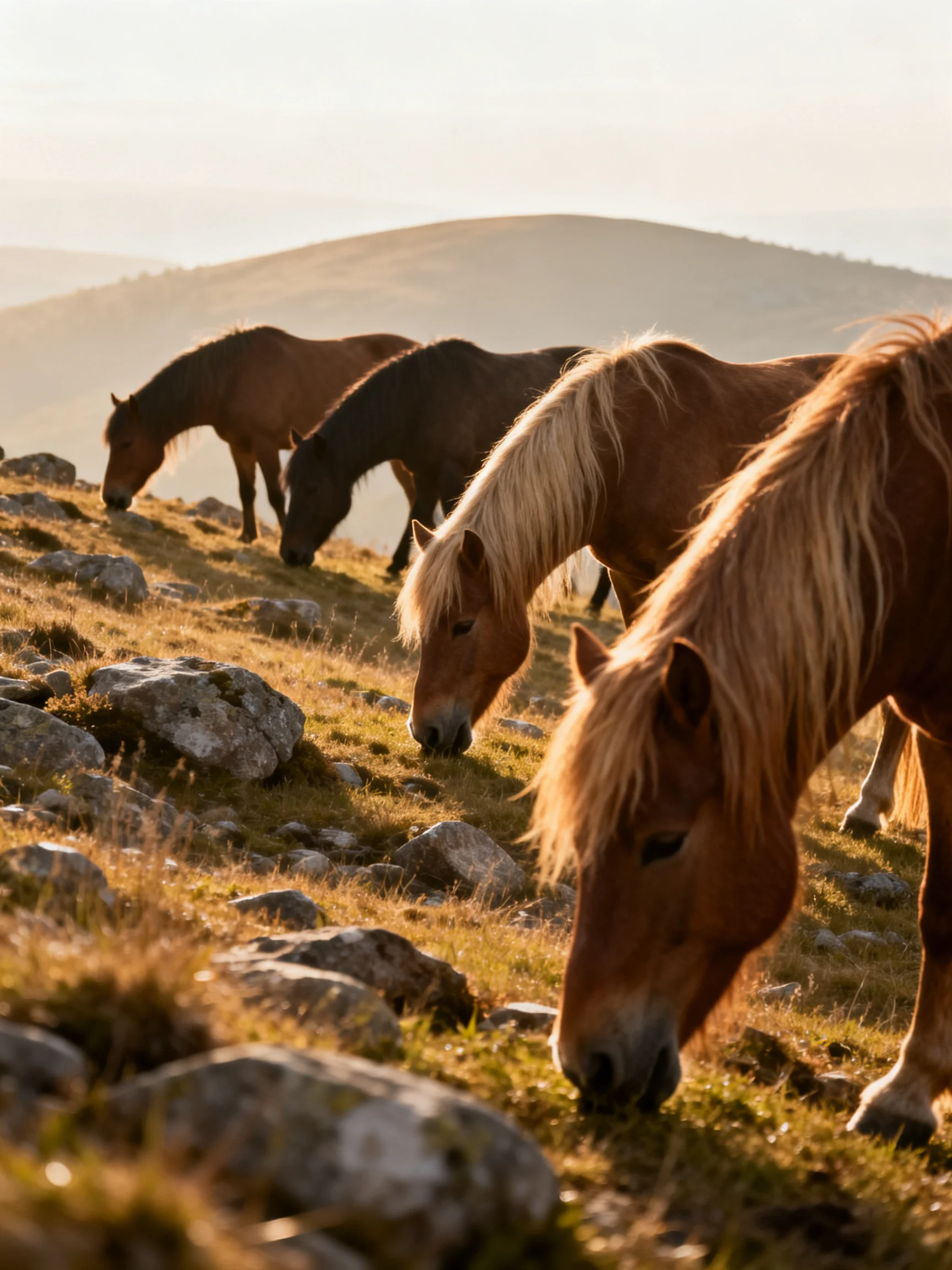 Five horses graze on a rocky hillside illuminated by warm sunlight.