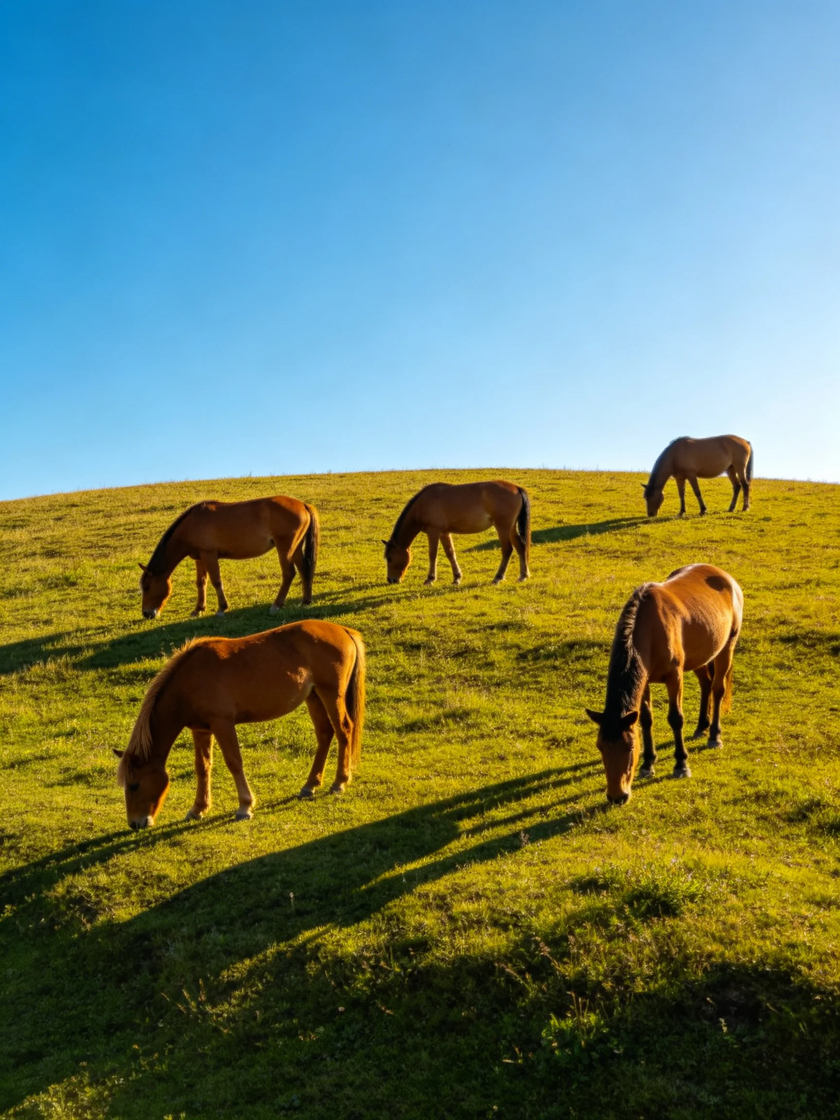 Five brown horses graze on a sunlit green hillside.