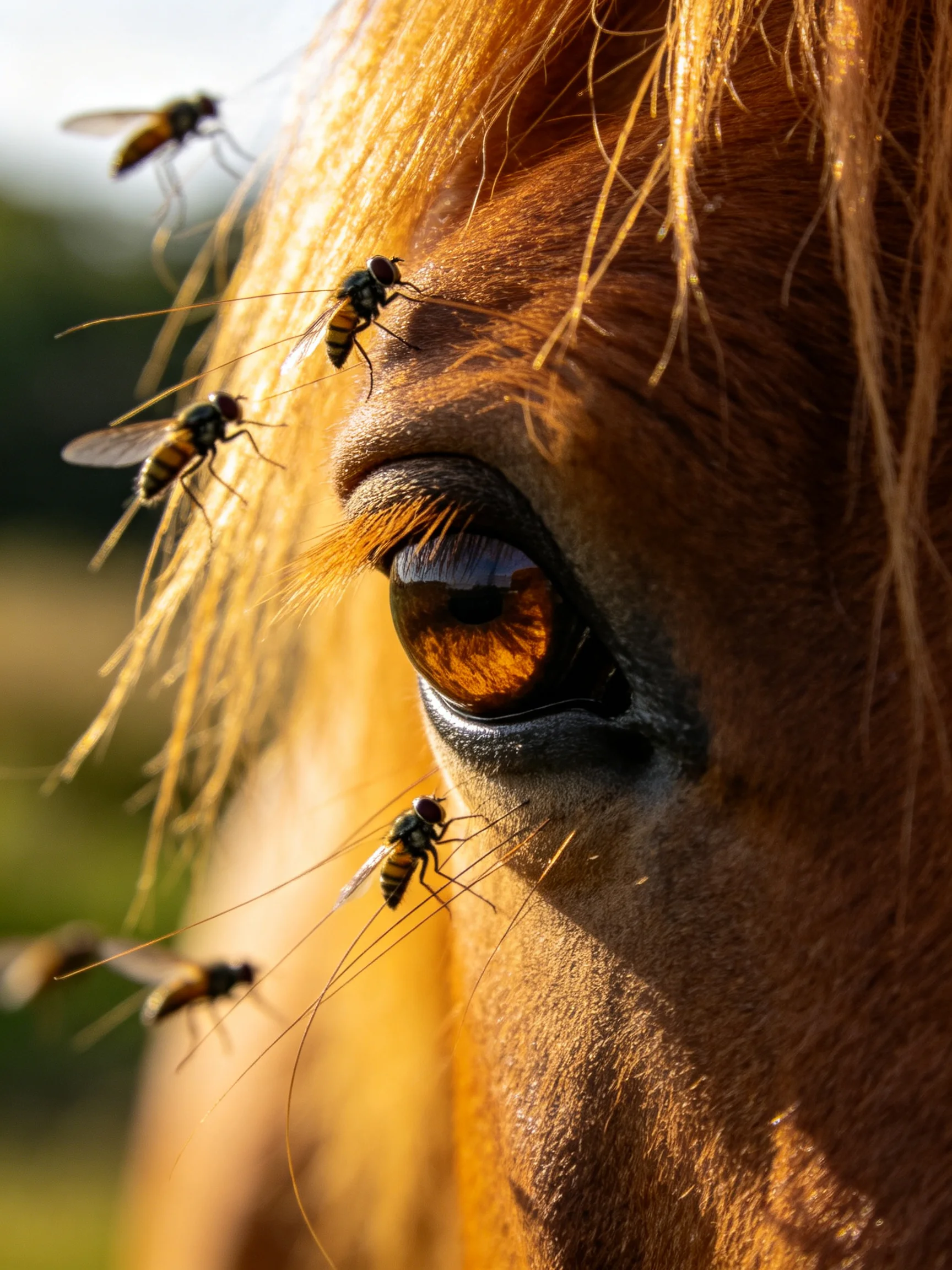 Five flies surround a horses amber eye in golden sunlight