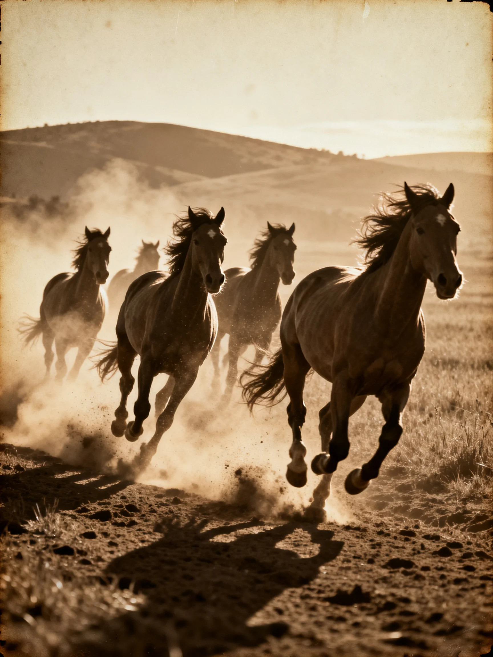 Five horses gallop through a dusty open plain with rolling hills