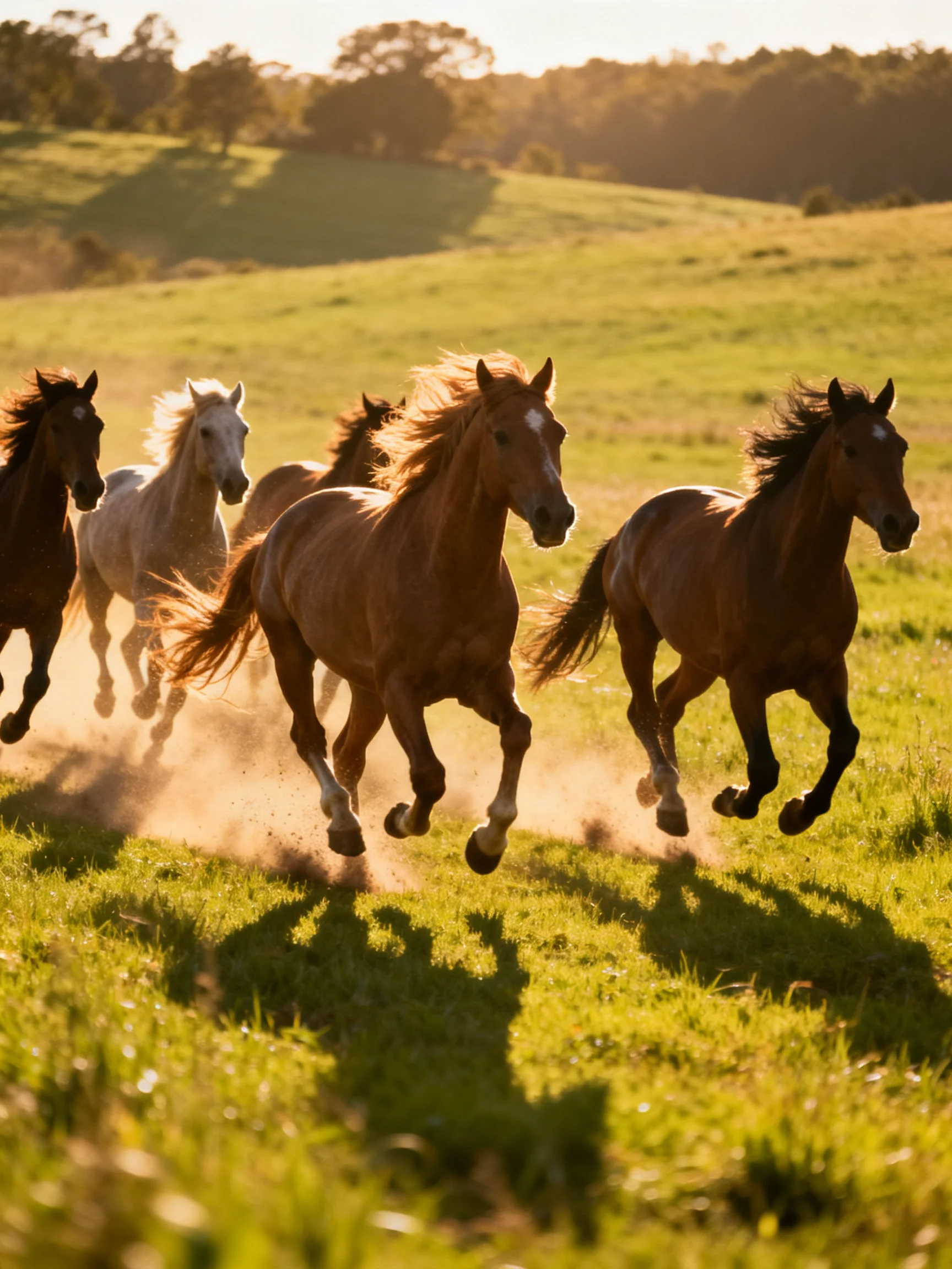 Five horses gallop through a sunlit green pasture with dust trailing behind