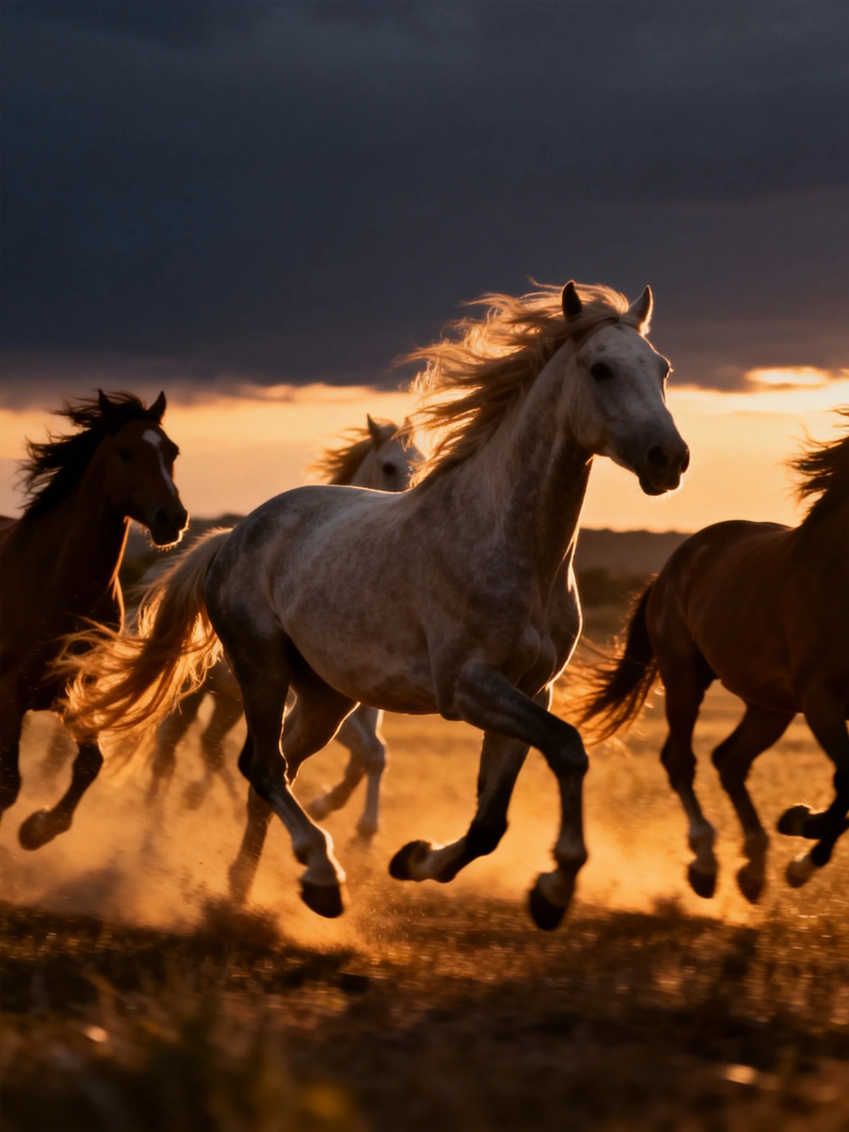 Five horses gallop through golden dust under a darkening sky