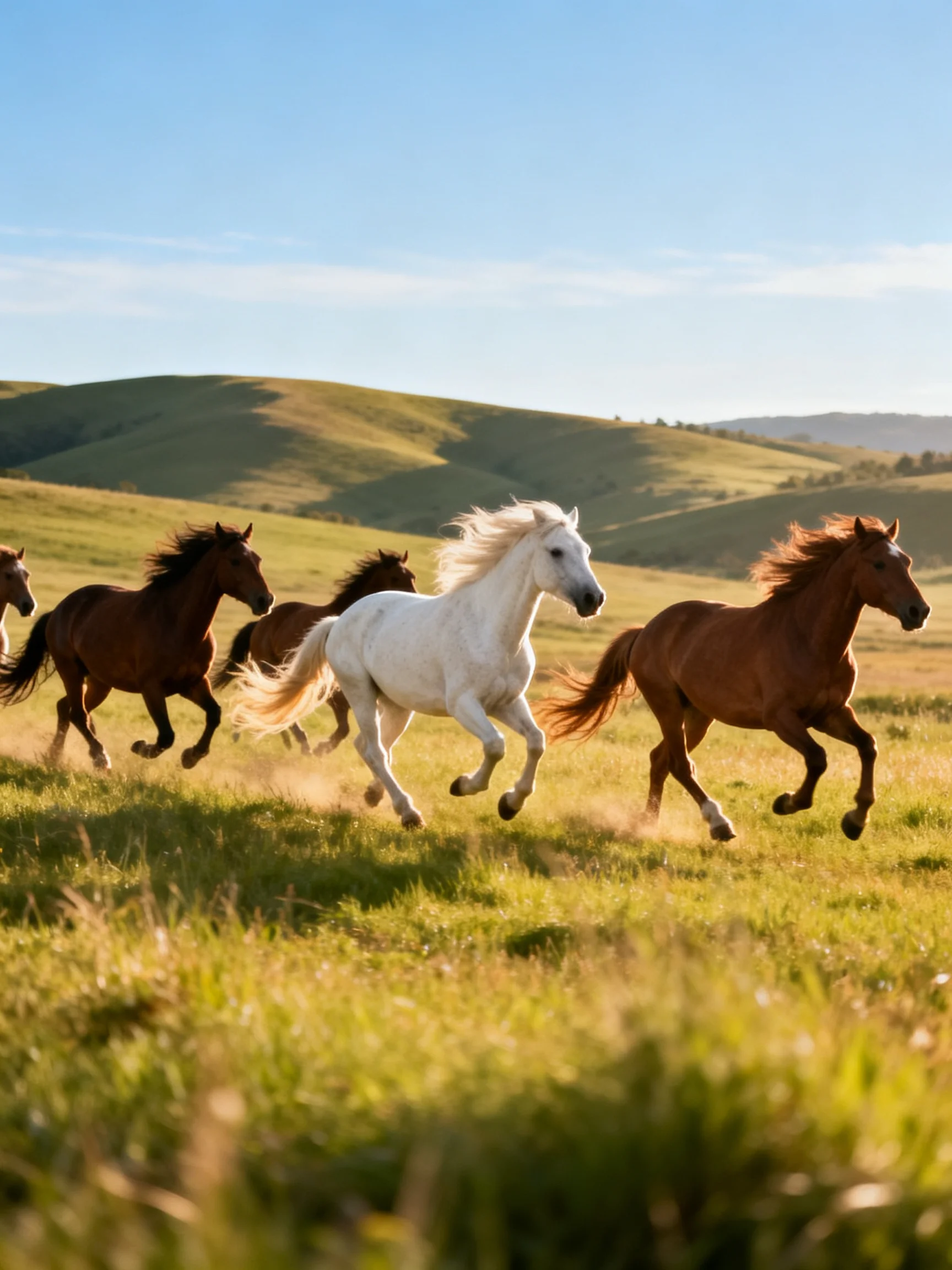 Five horses gallop through golden meadows near rolling hills