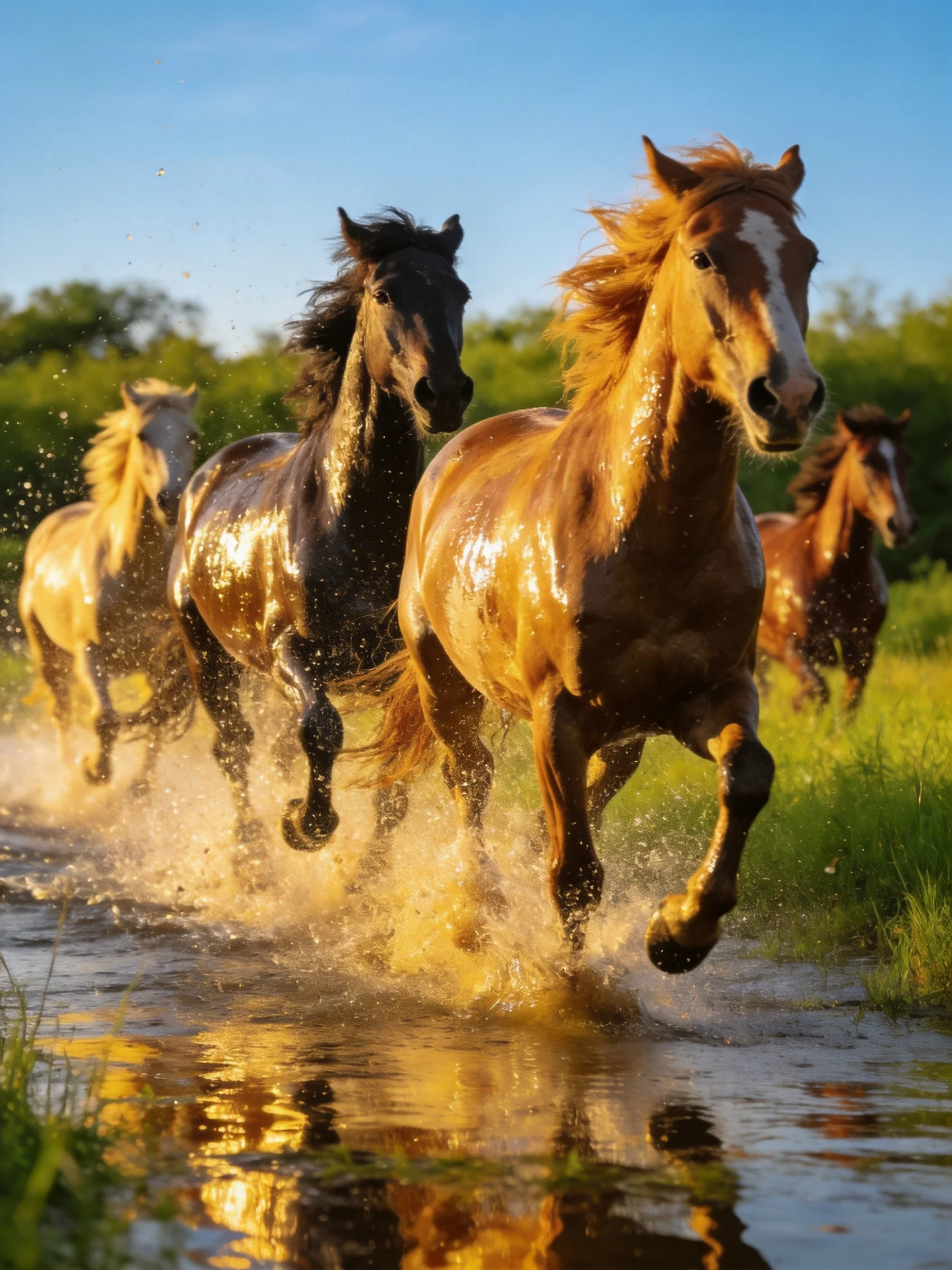 Five horses gallop through splashing water near green fields