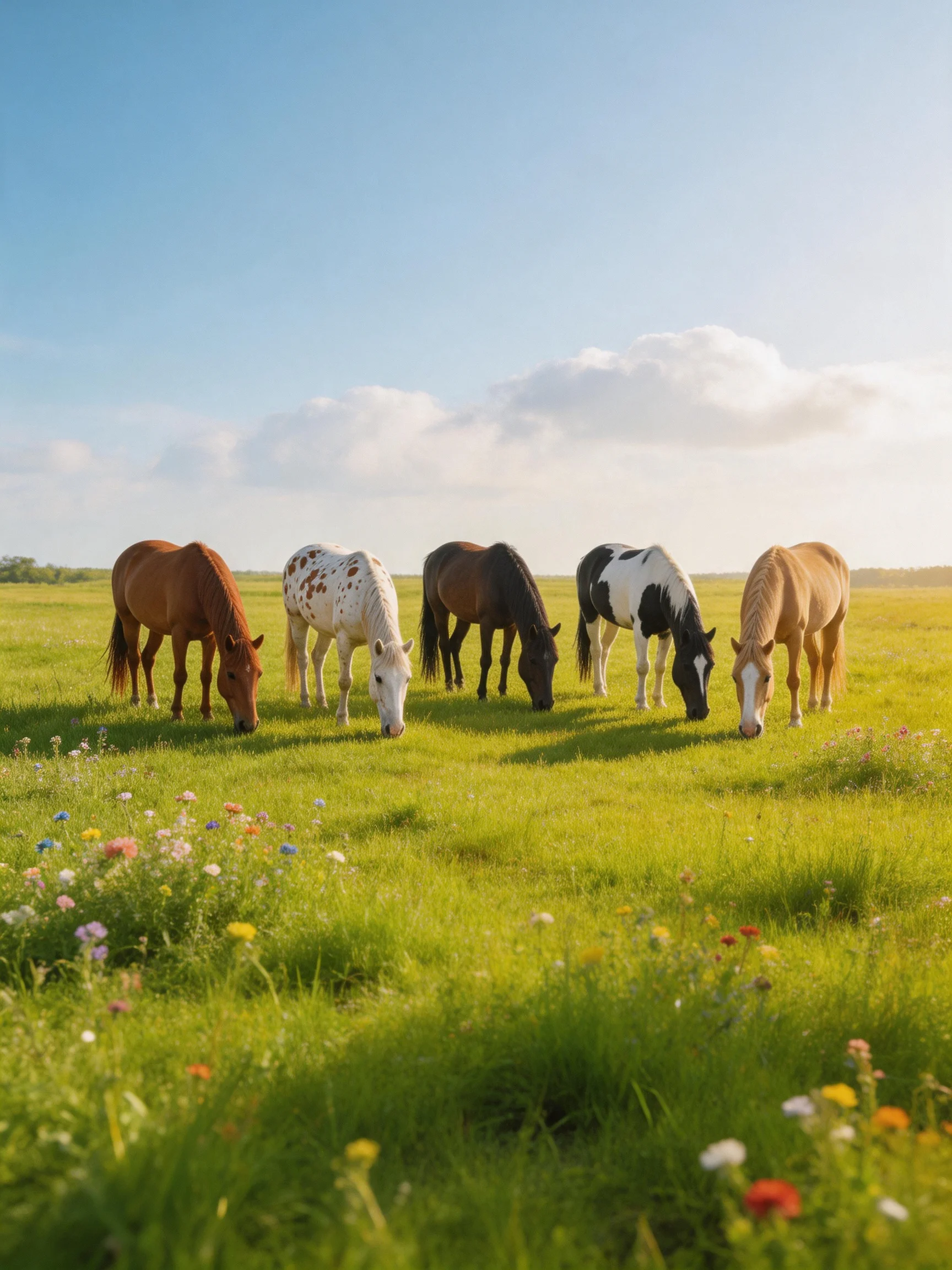 Five horses graze in a colorful meadow under bright sky