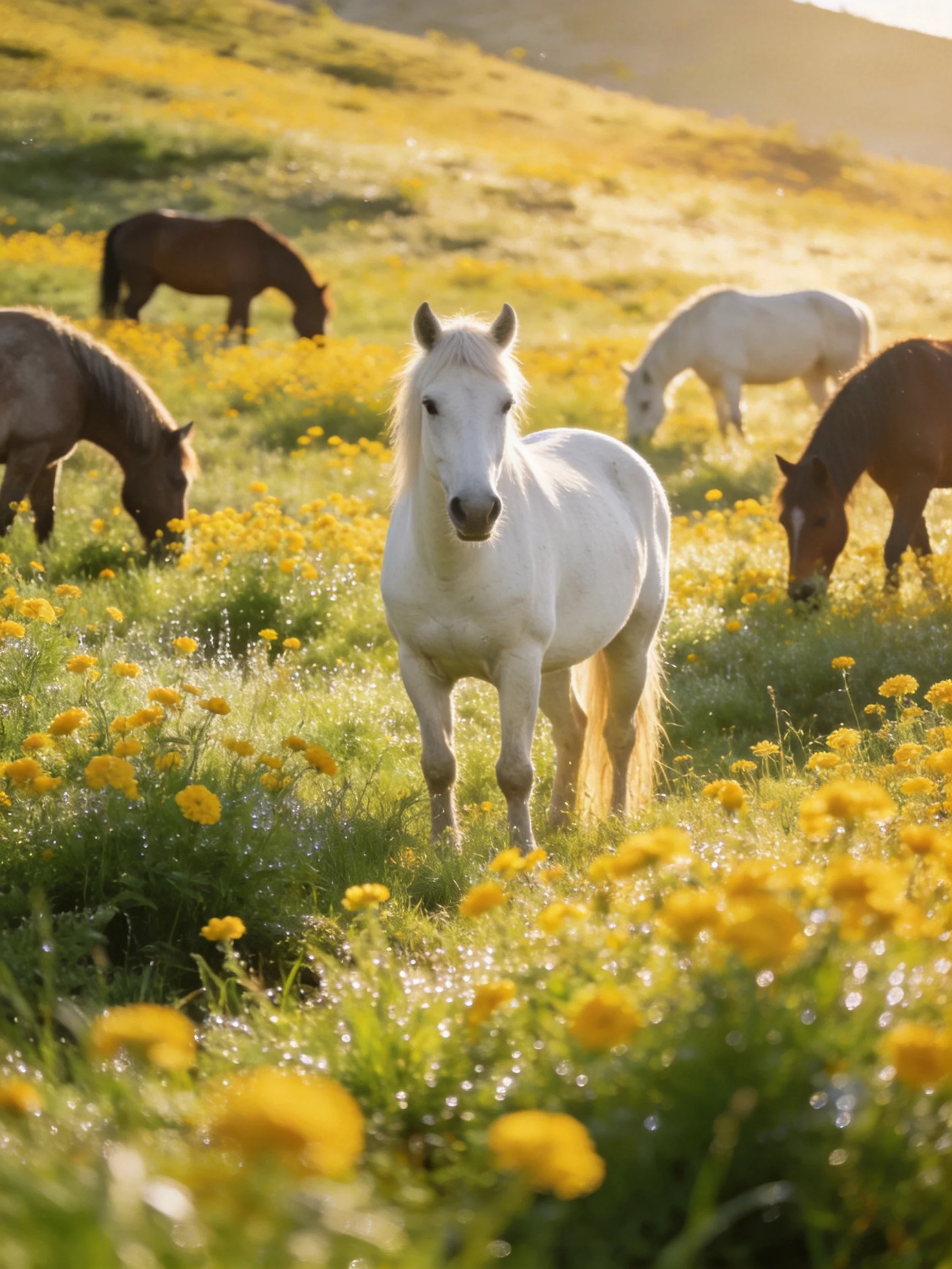 Five horses graze in a golden flower-filled meadow