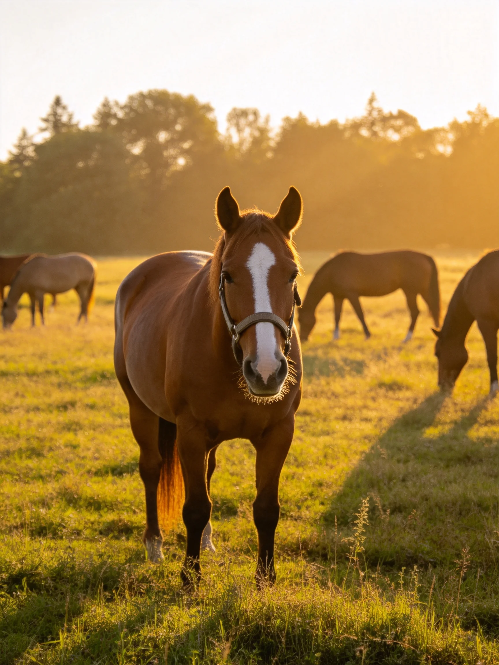 Five horses graze in a golden-lit green pasture