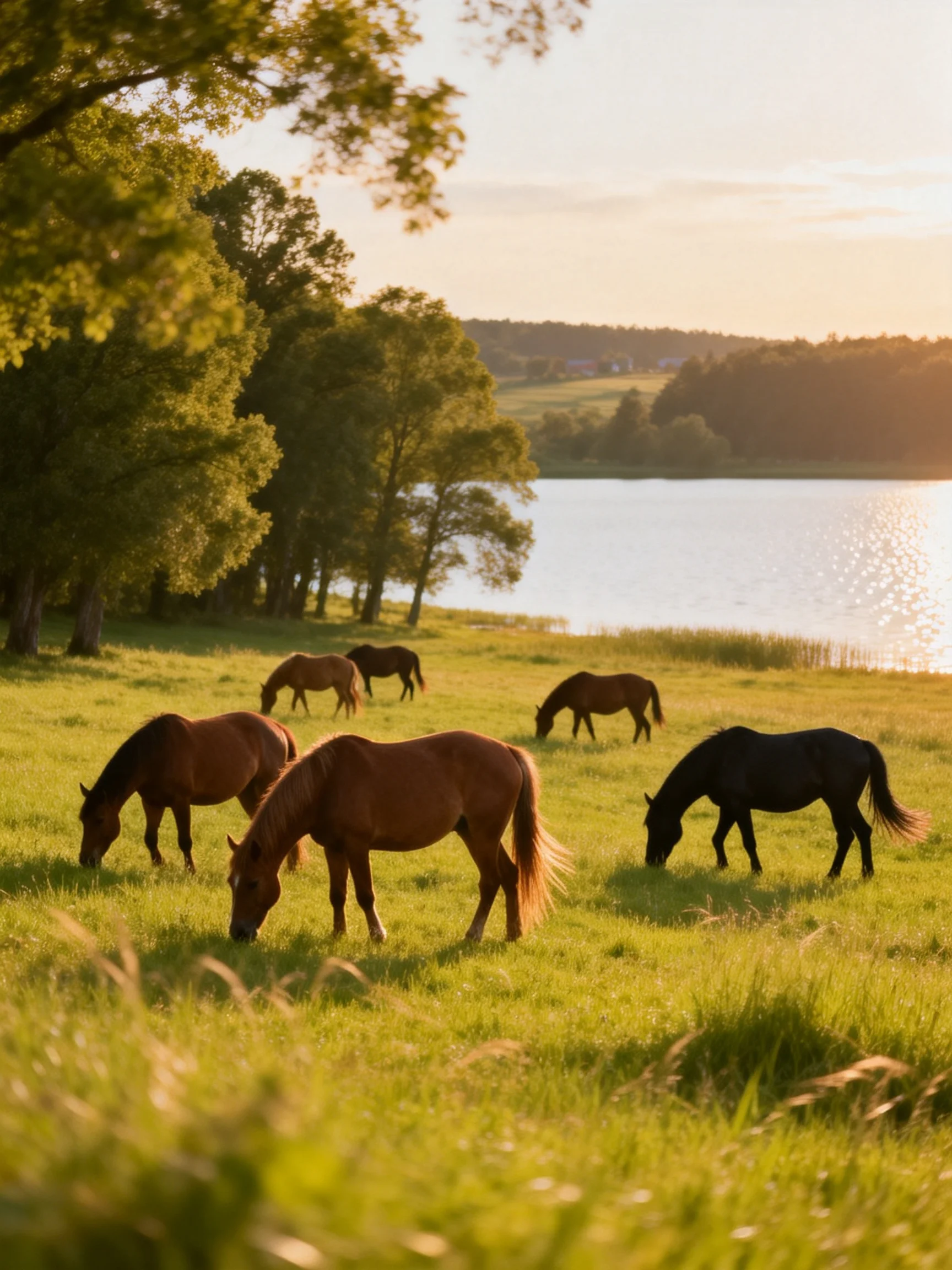 Five horses graze in a golden meadow near a shimmering lake