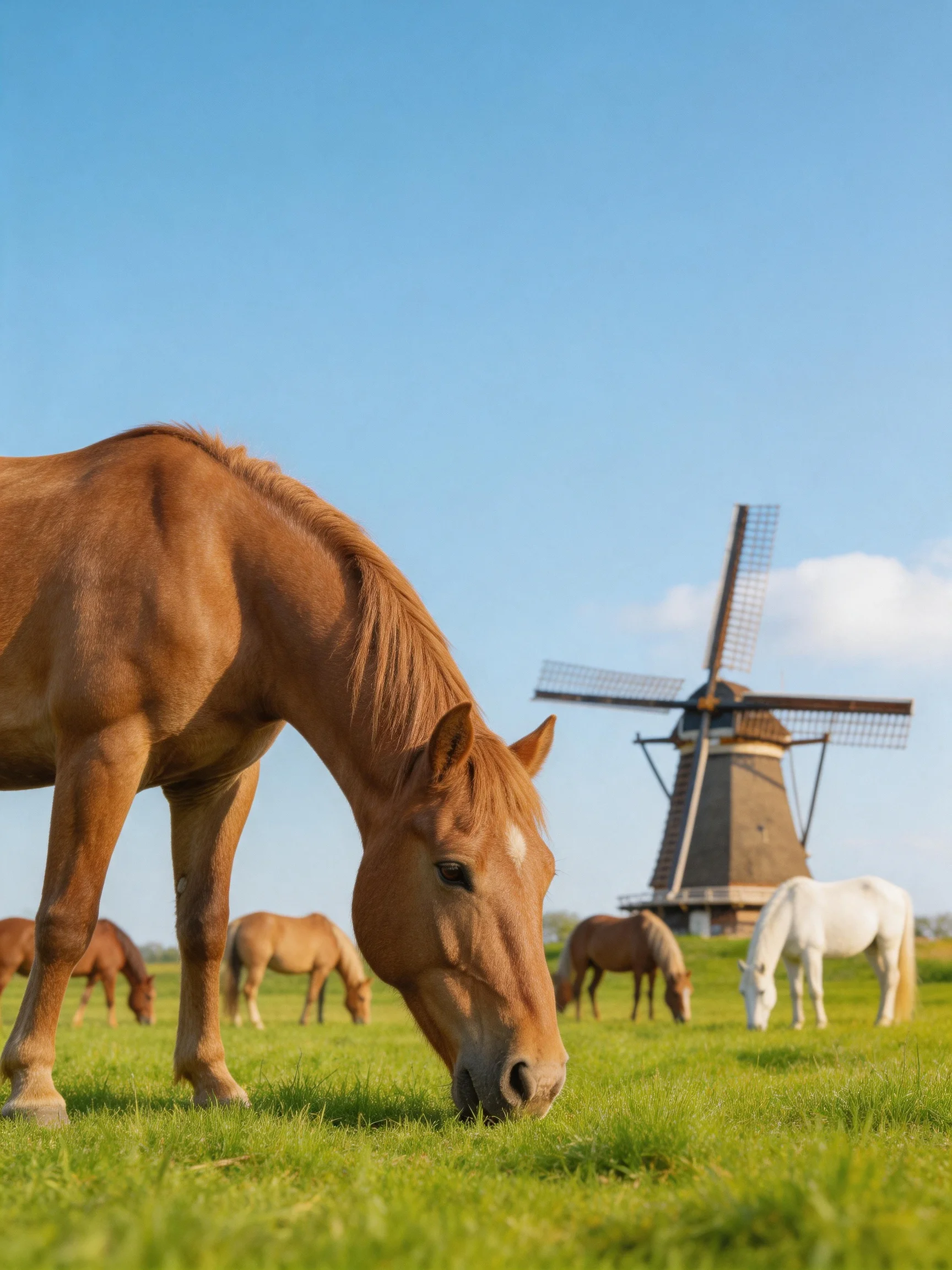 Five horses graze in a lush green meadow beside an old wooden windmill.
