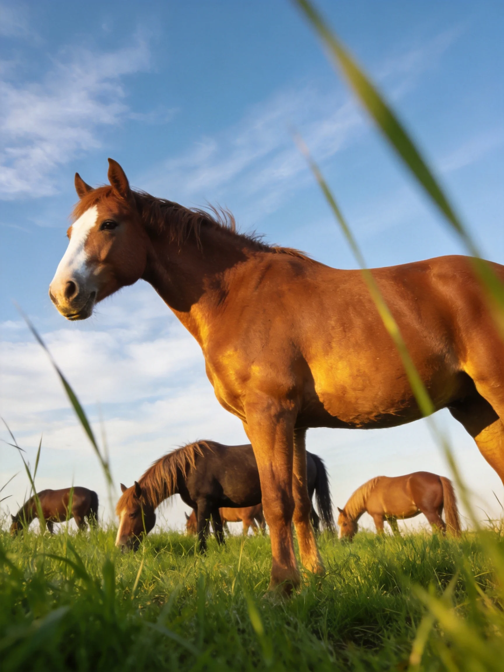 Five horses graze in a lush green meadow under bright blue skies