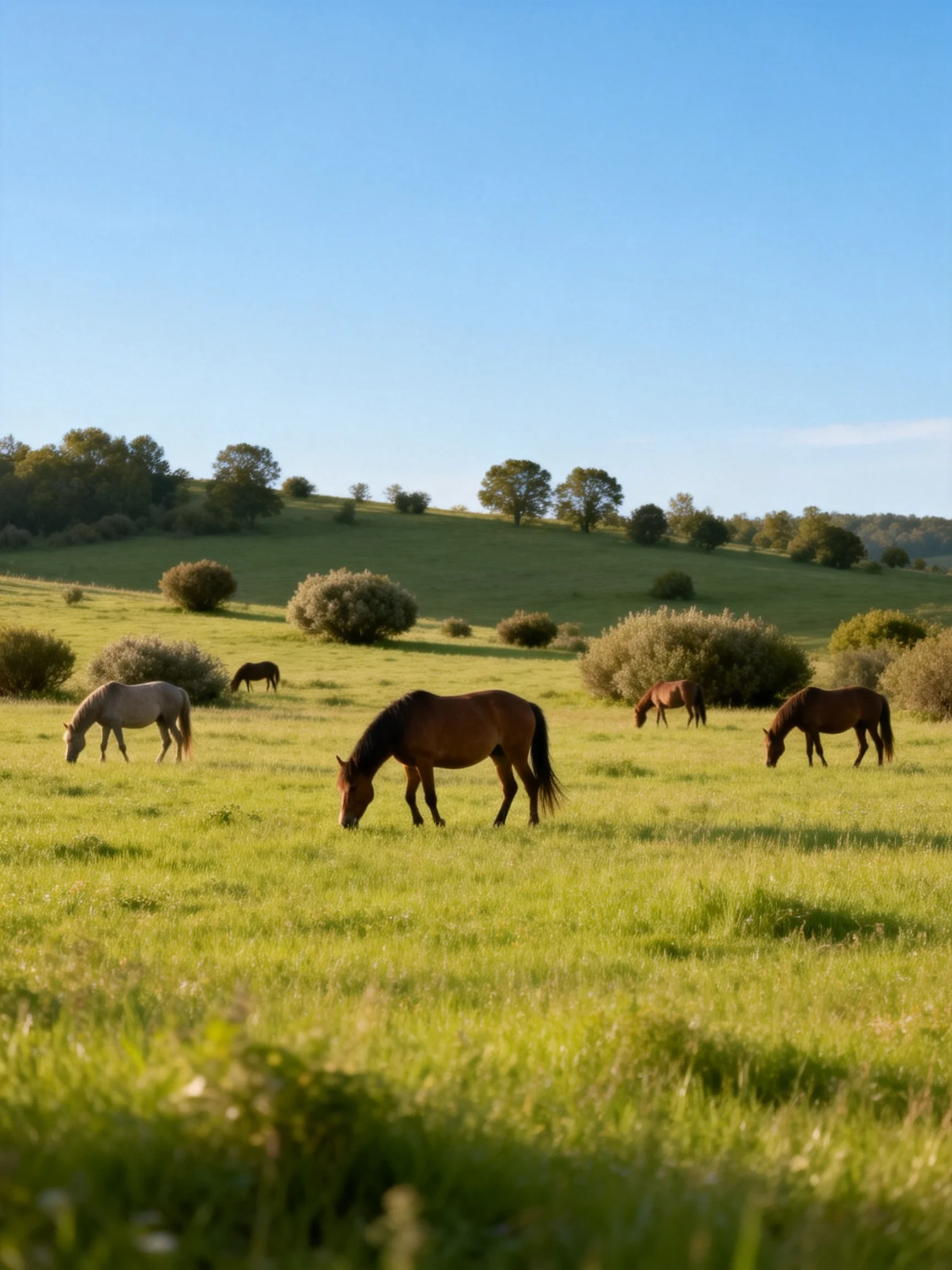 Five horses graze in a lush green meadow under clear blue skies
