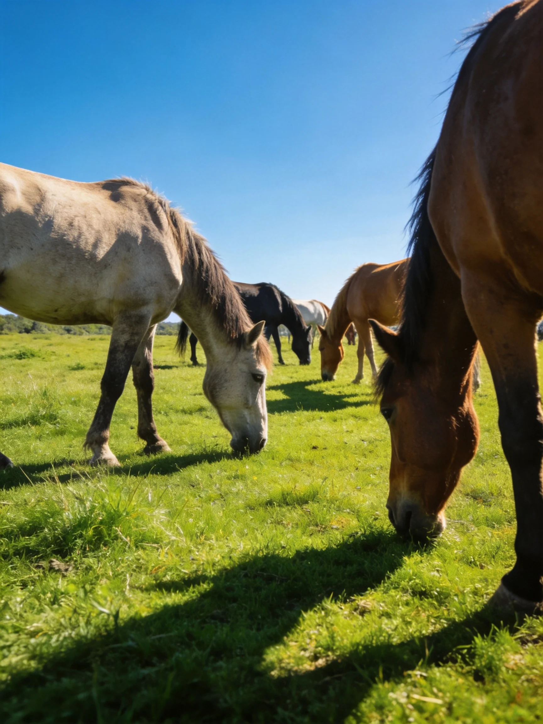 Horses graze in a sunlit meadow with vibrant green grass