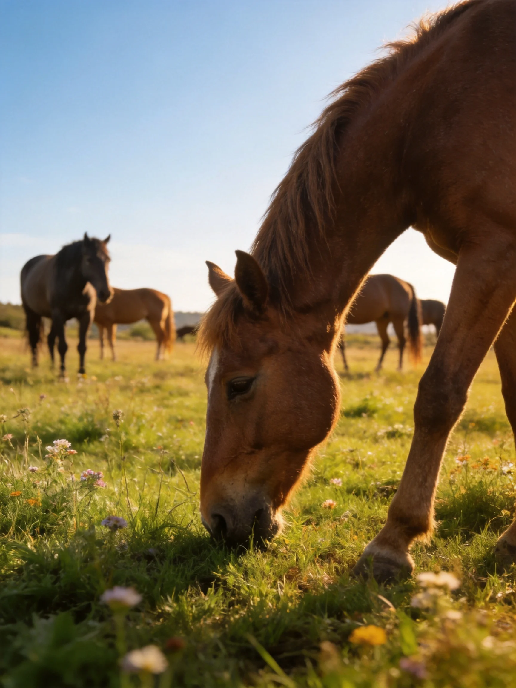 Five horses graze in a sunlit green meadow with clear blue skies