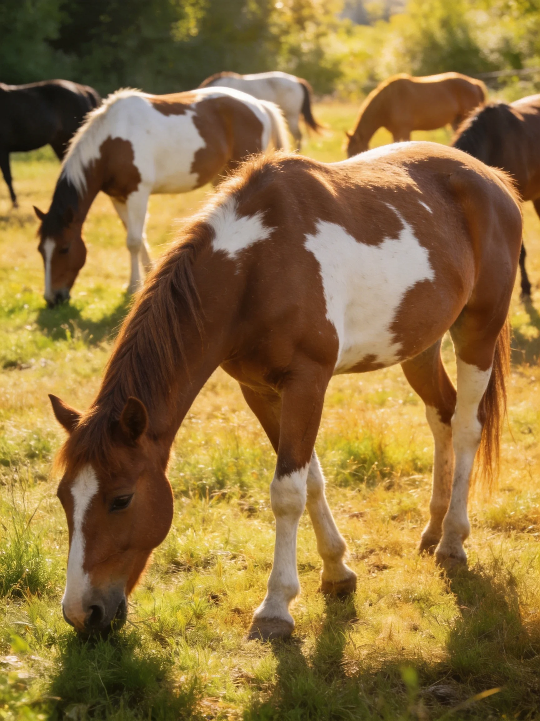 Five horses graze in a sunlit meadow with brown, white, and black coats