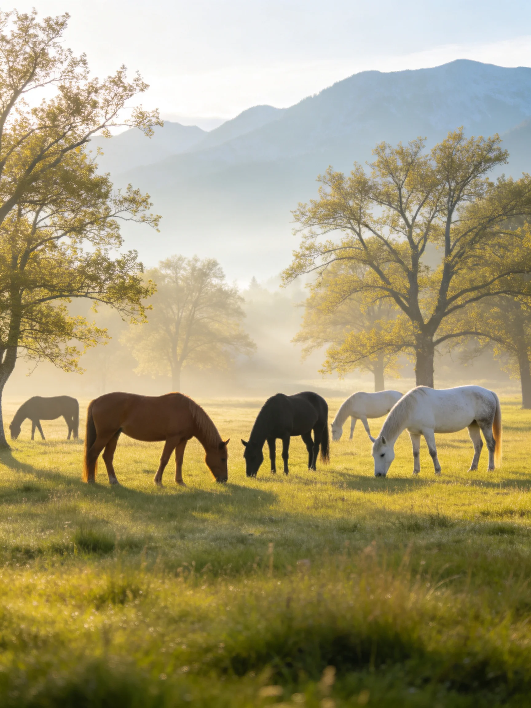 Five horses graze in a sunlit meadow with golden trees and misty mountains