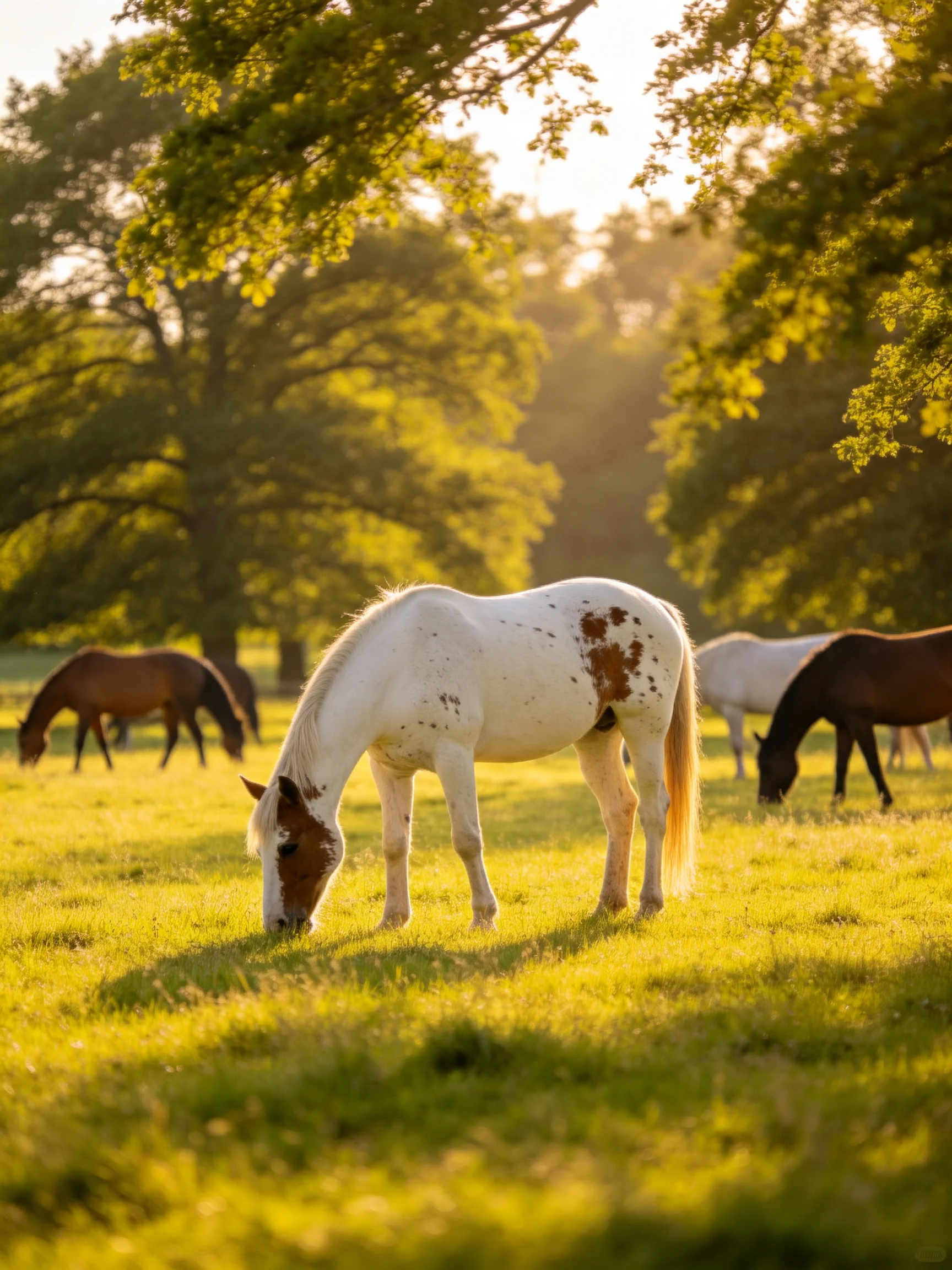 Five horses graze in a sunlit meadow with tall oak trees