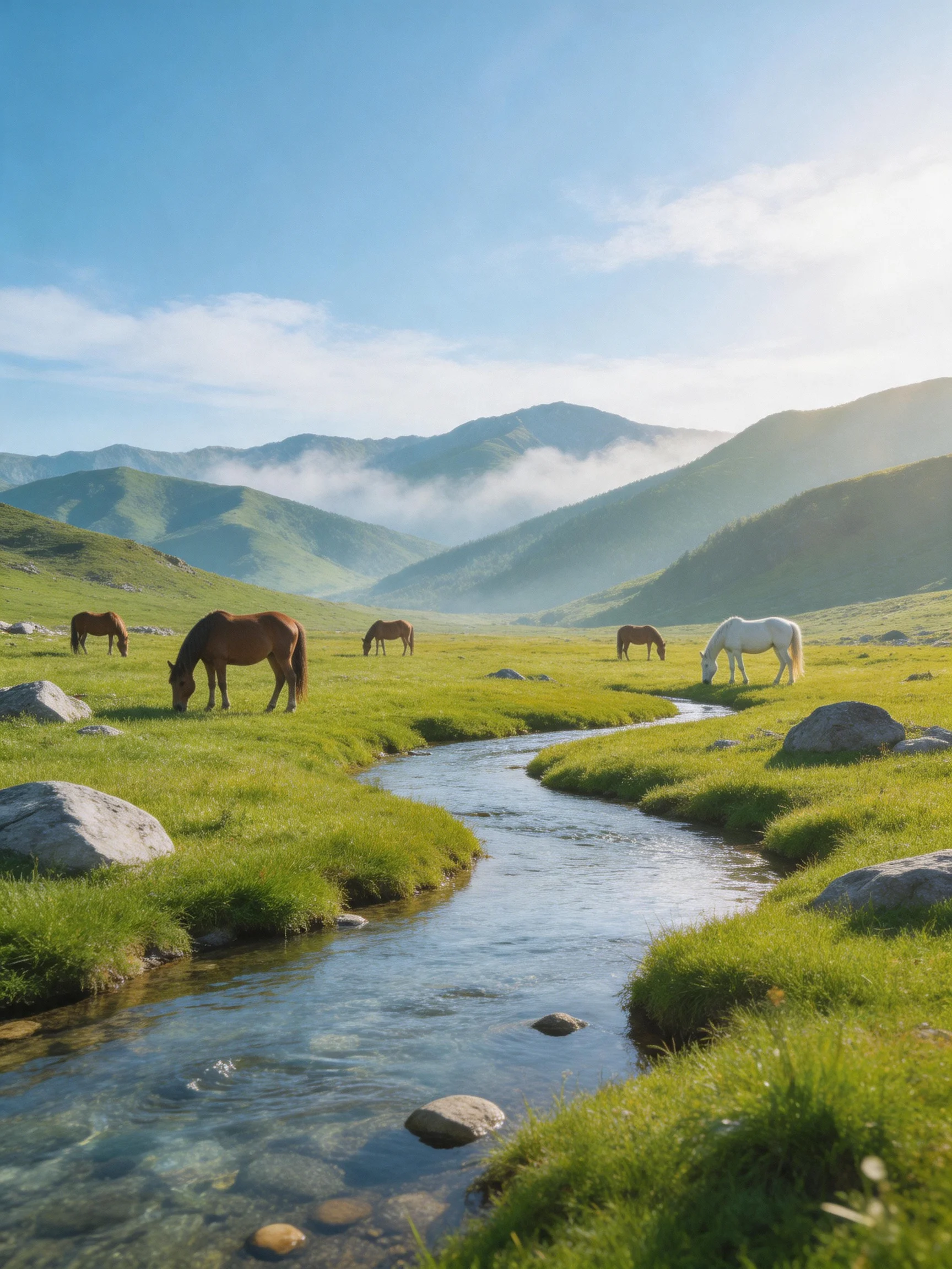 Five horses graze near a winding stream in a lush green valley