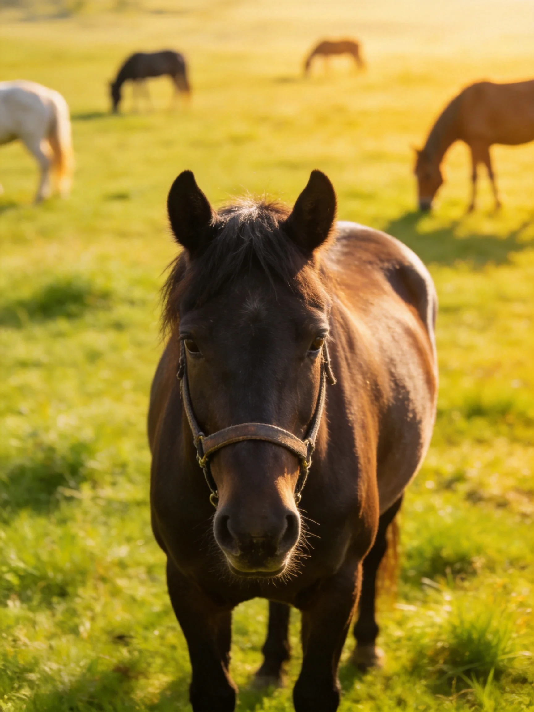 A brown horse stands close while others graze in a sunlit meadow.