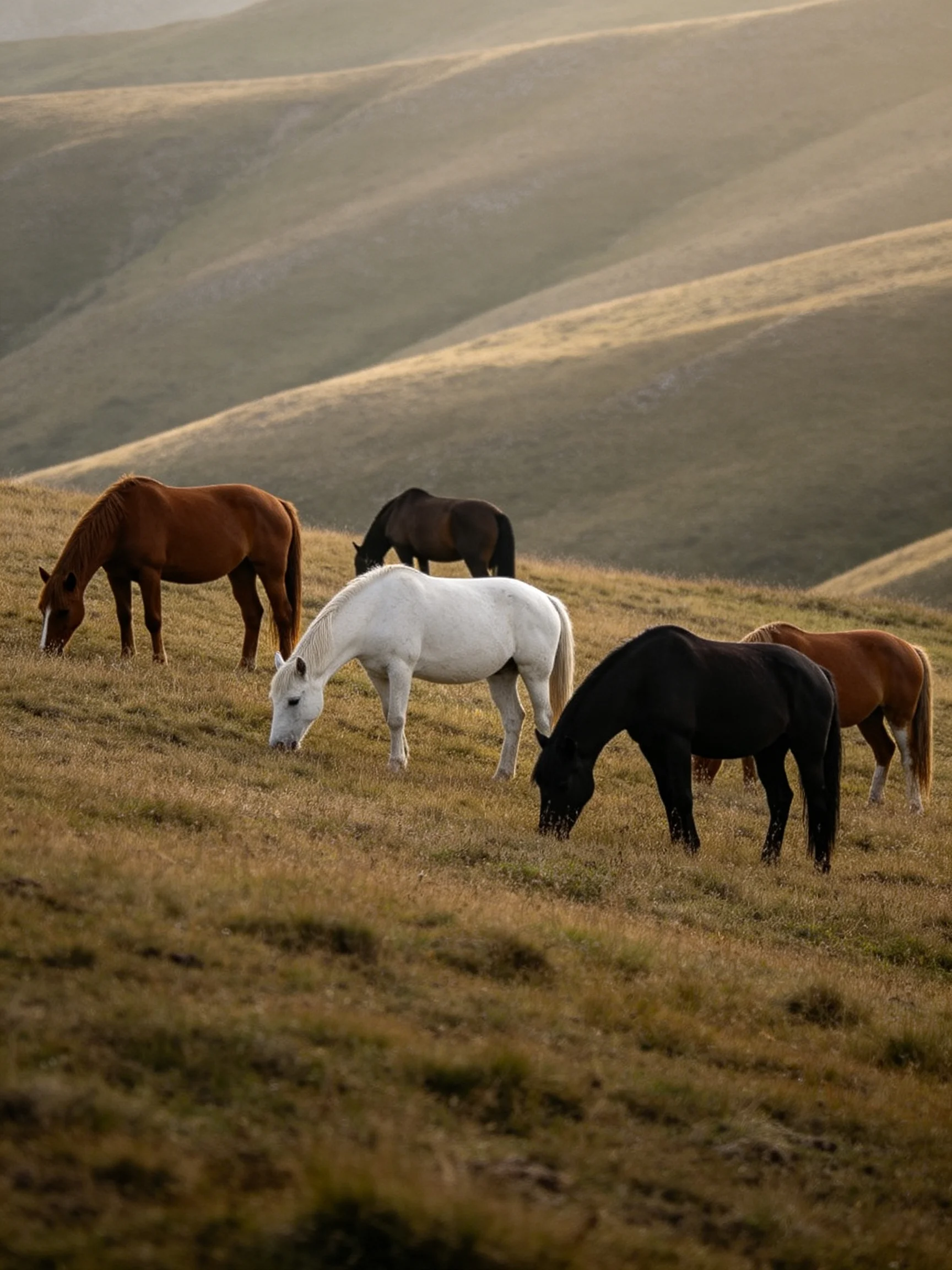 Five horses of diverse colors graze on sun-drenched rolling hills