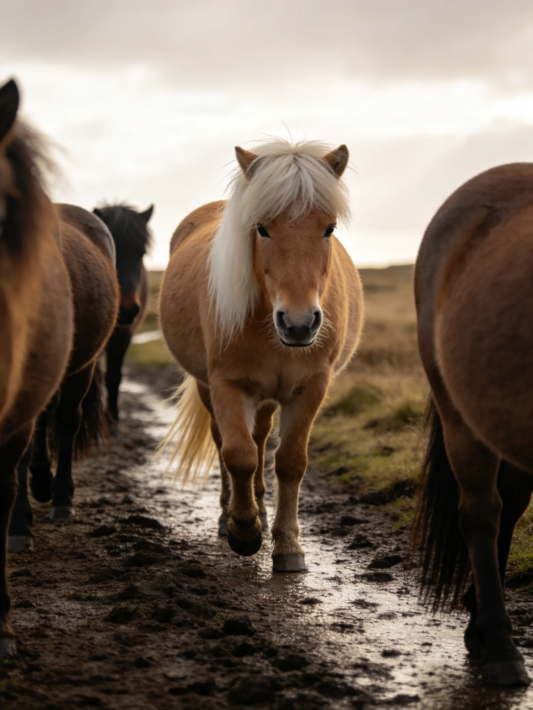 Five horses walk along a muddy path; a light brown pony with long white mane leads.
