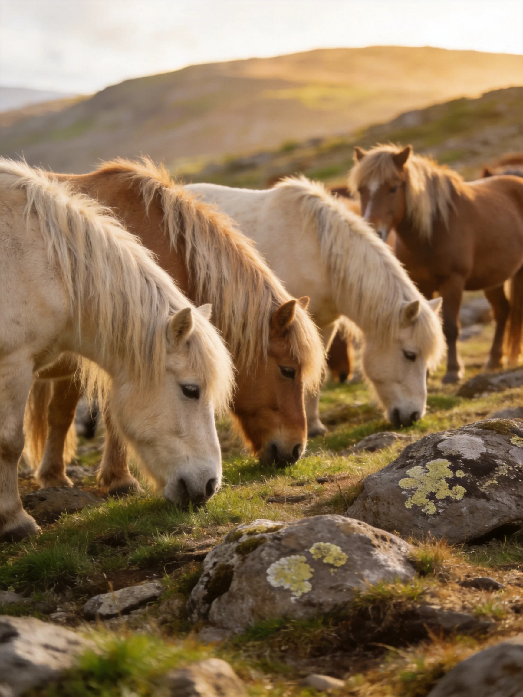 Five ponies graze on rocky terrain with golden hills in the distance